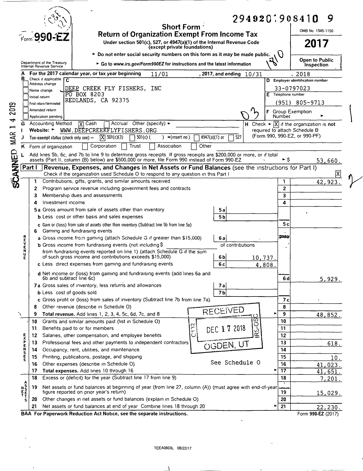 Image of first page of 2017 Form 990EZ for Deep Creek FlyFishers