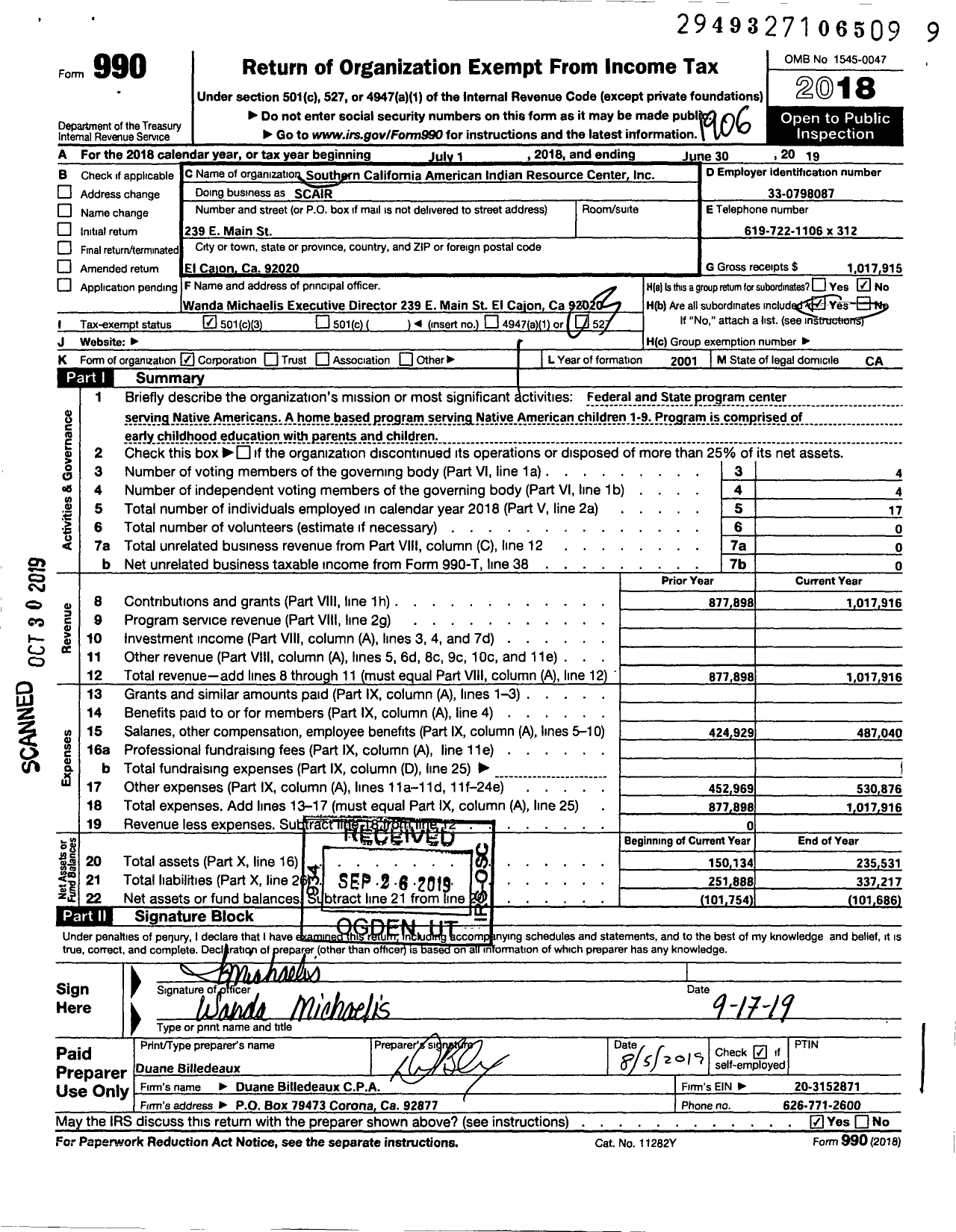 Image of first page of 2018 Form 990 for Southern California American Indian Resource Center