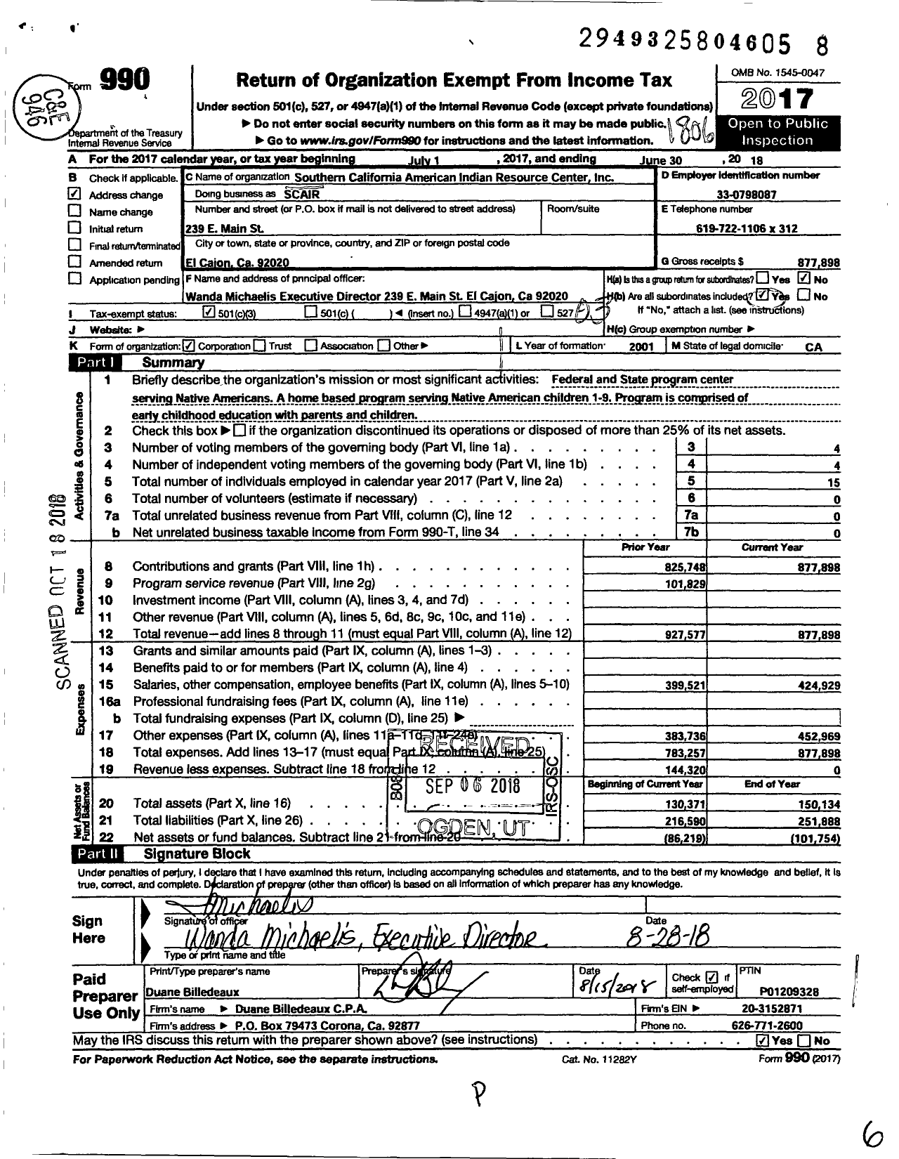 Image of first page of 2017 Form 990 for Southern California American Indian Resource Center