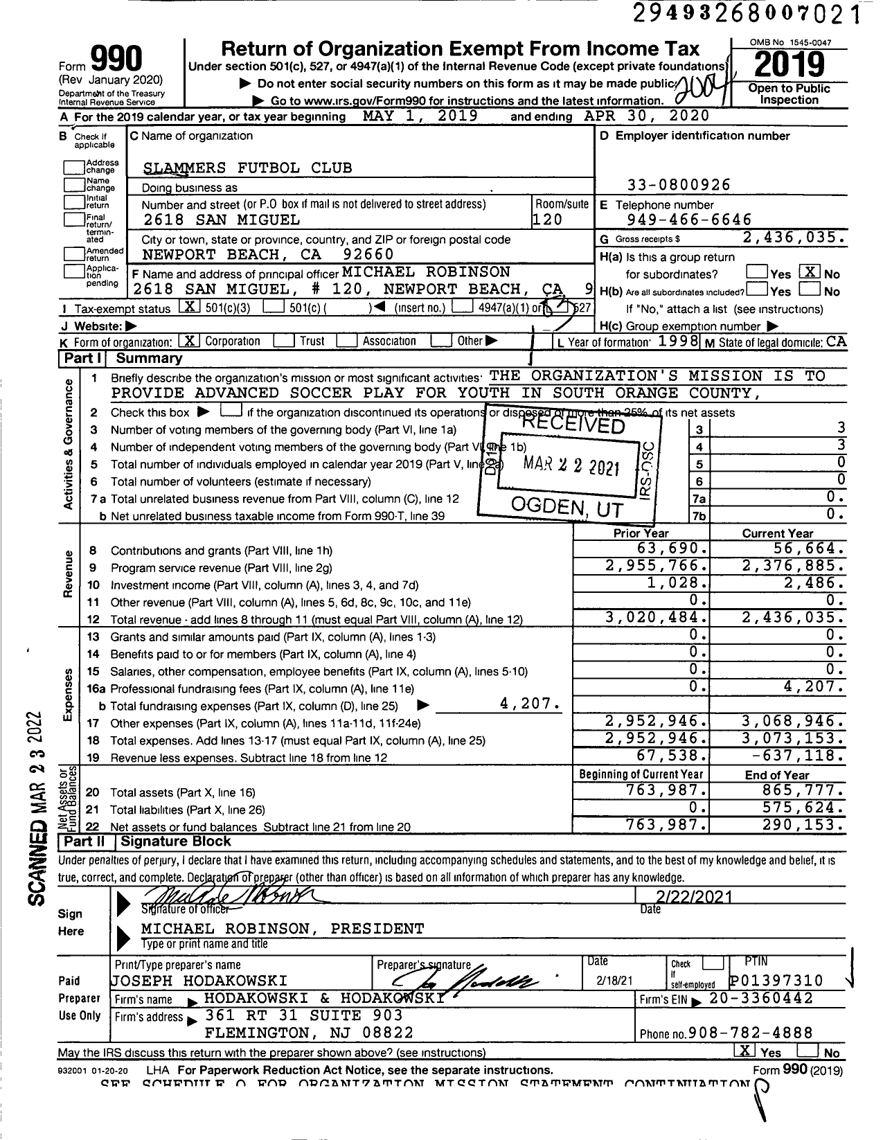 Image of first page of 2019 Form 990 for Slammers Futbol Club