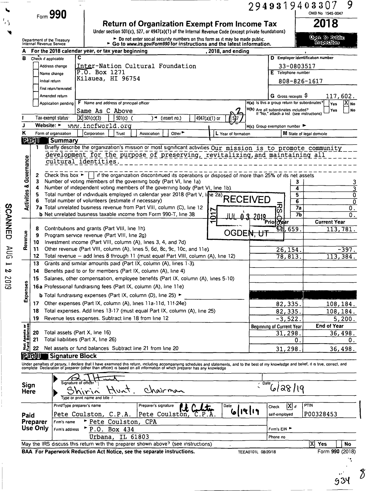 Image of first page of 2018 Form 990 for Inter-Nation Cultural Foundation