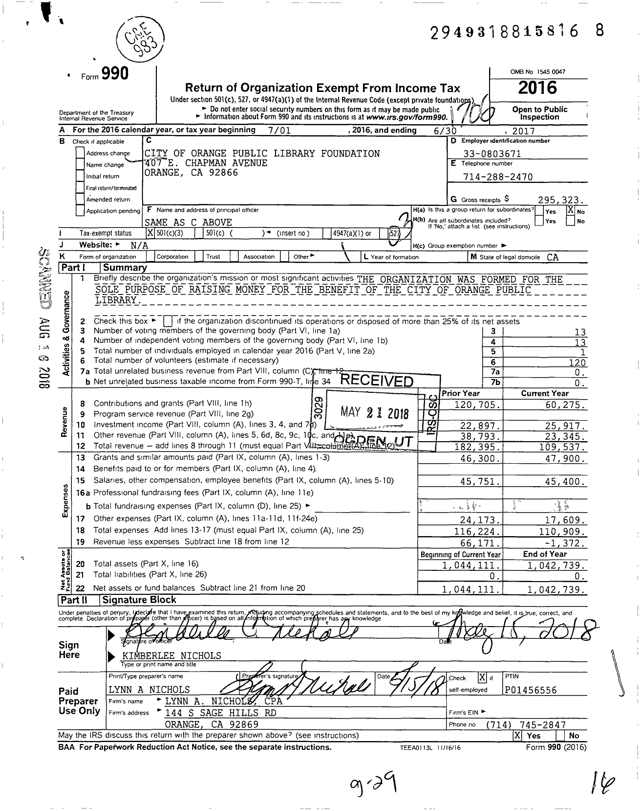 Image of first page of 2016 Form 990 for City of Orange Public Library Foundation (OPLF)