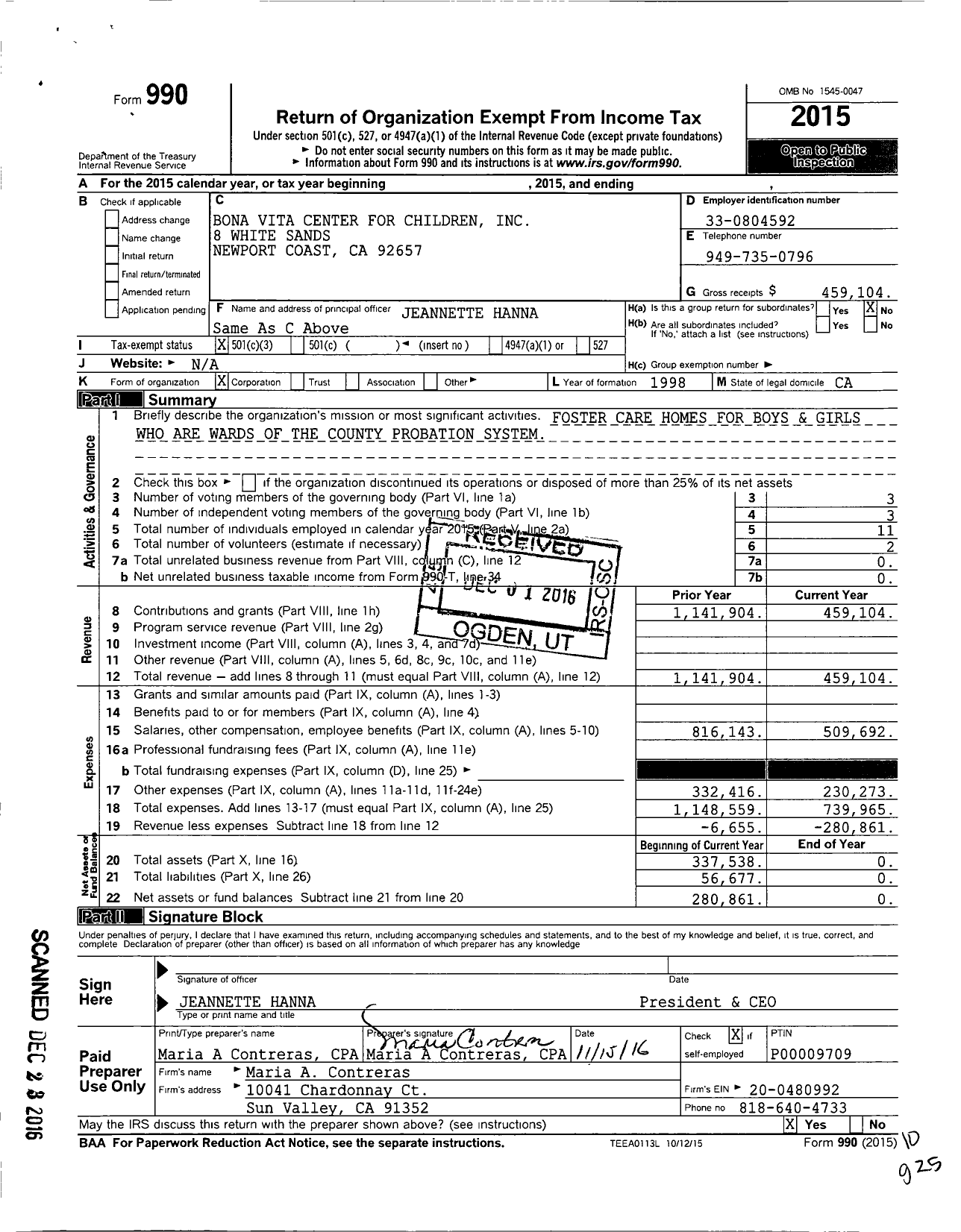 Image of first page of 2015 Form 990 for Bona Vita Center for Children