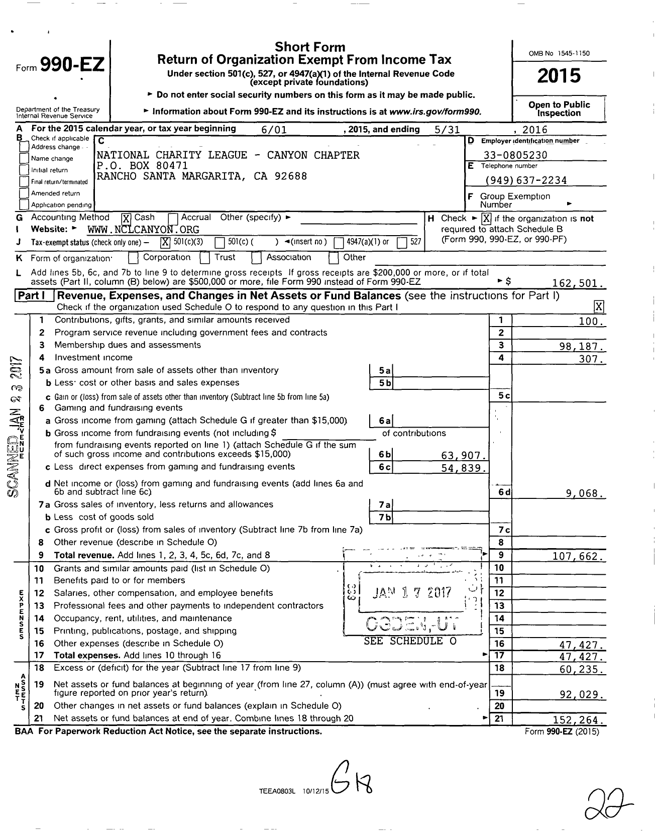 Image of first page of 2015 Form 990EZ for National Charity League Canyon Chapter