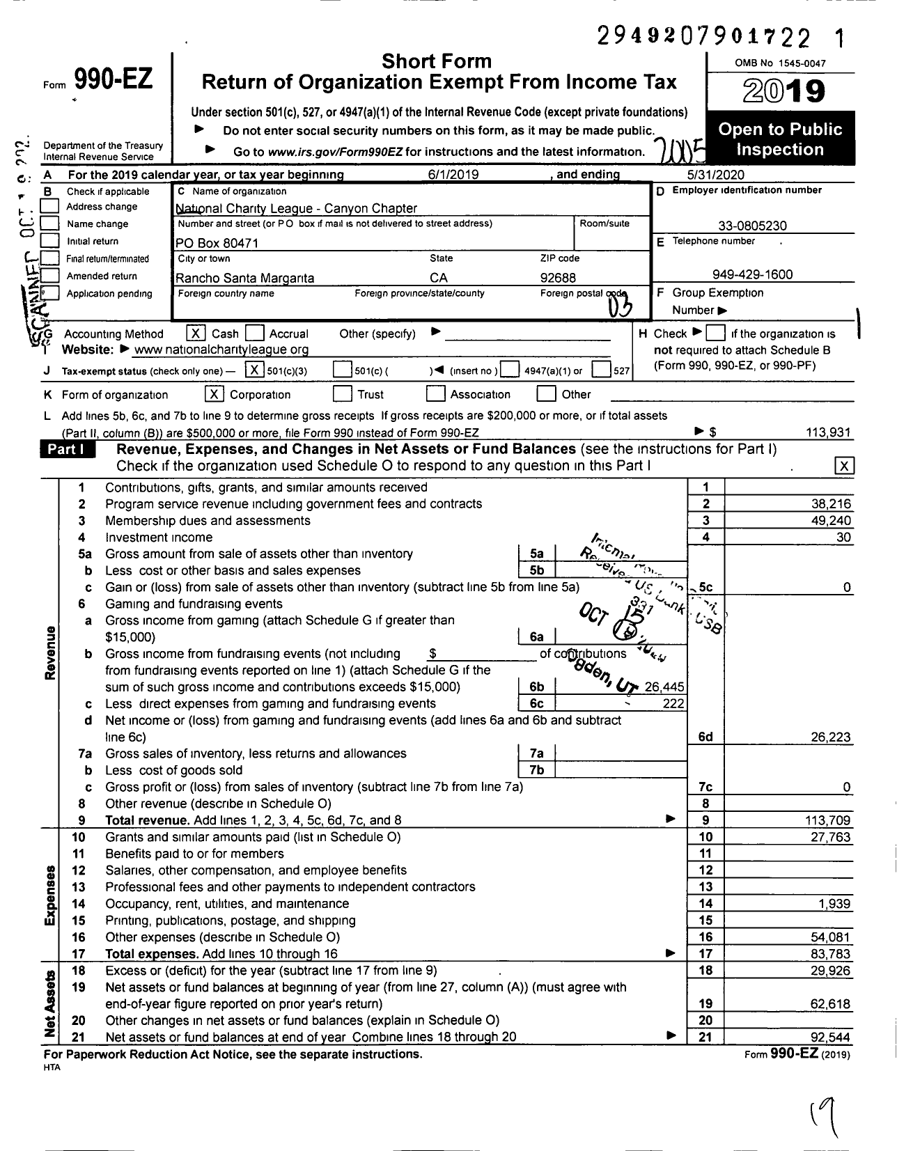 Image of first page of 2019 Form 990EZ for National Charity League Canyon Chapter