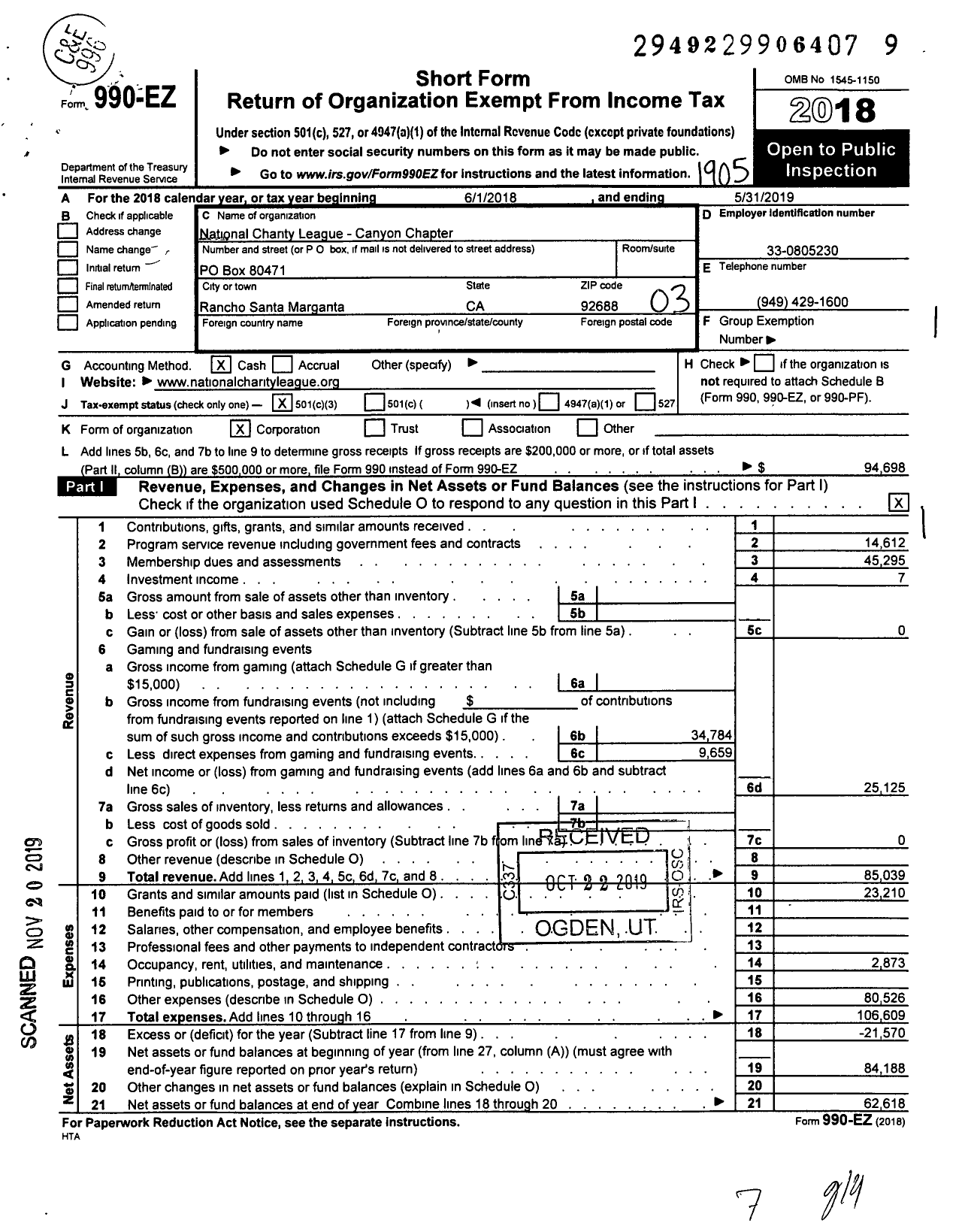 Image of first page of 2018 Form 990EZ for National Charity League - Canyon Chapter