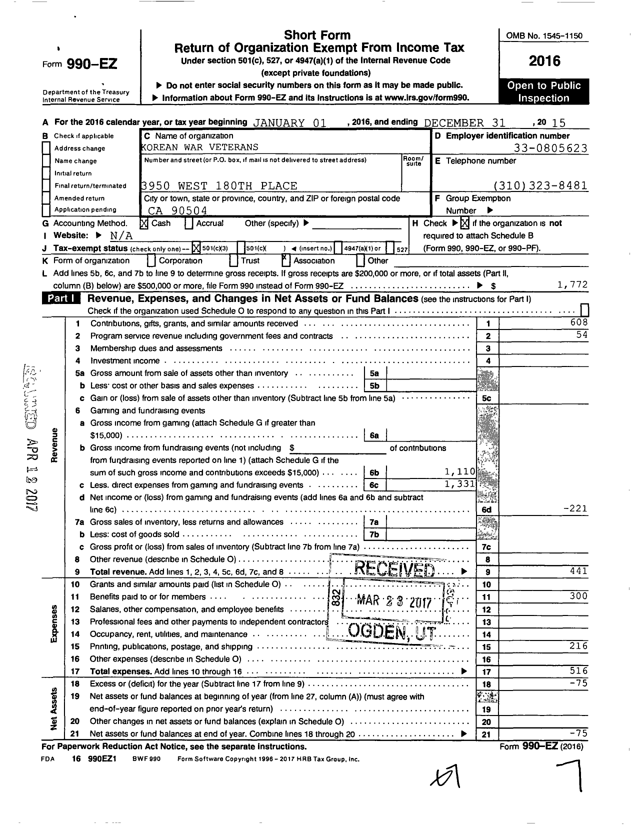 Image of first page of 2015 Form 990EZ for Korean War Veterans Chapter 56