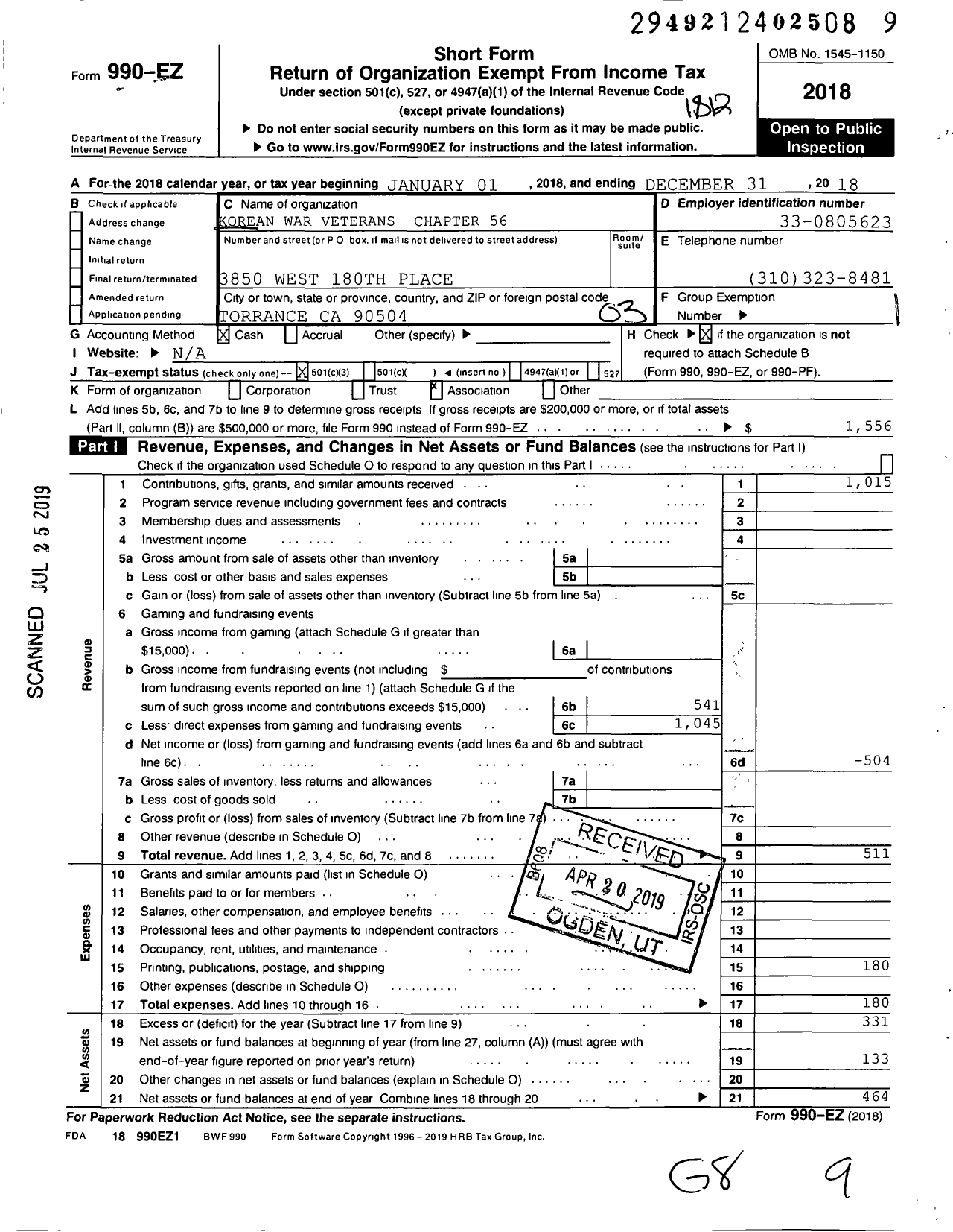 Image of first page of 2018 Form 990EZ for Korean War Veterans Chapter 56