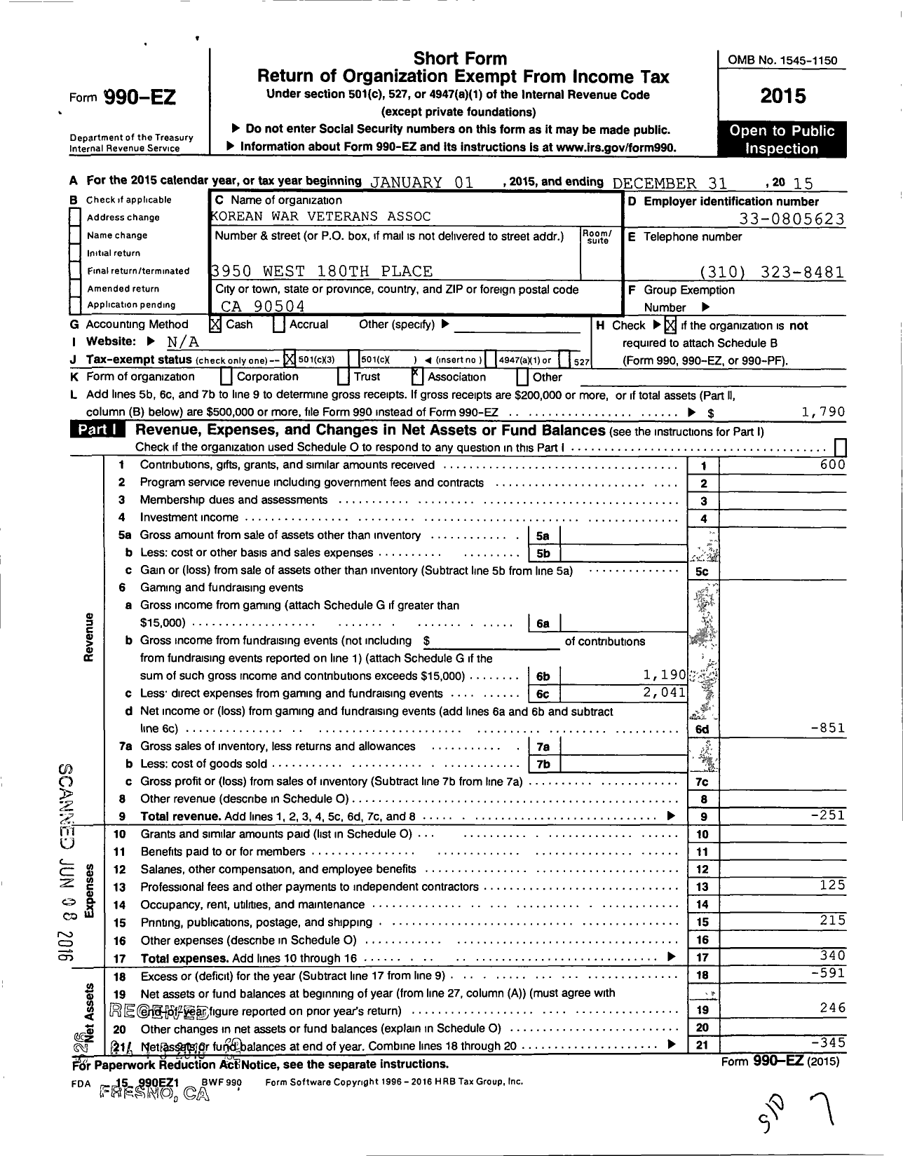 Image of first page of 2015 Form 990EZ for Korean War Veterans Chapter 56