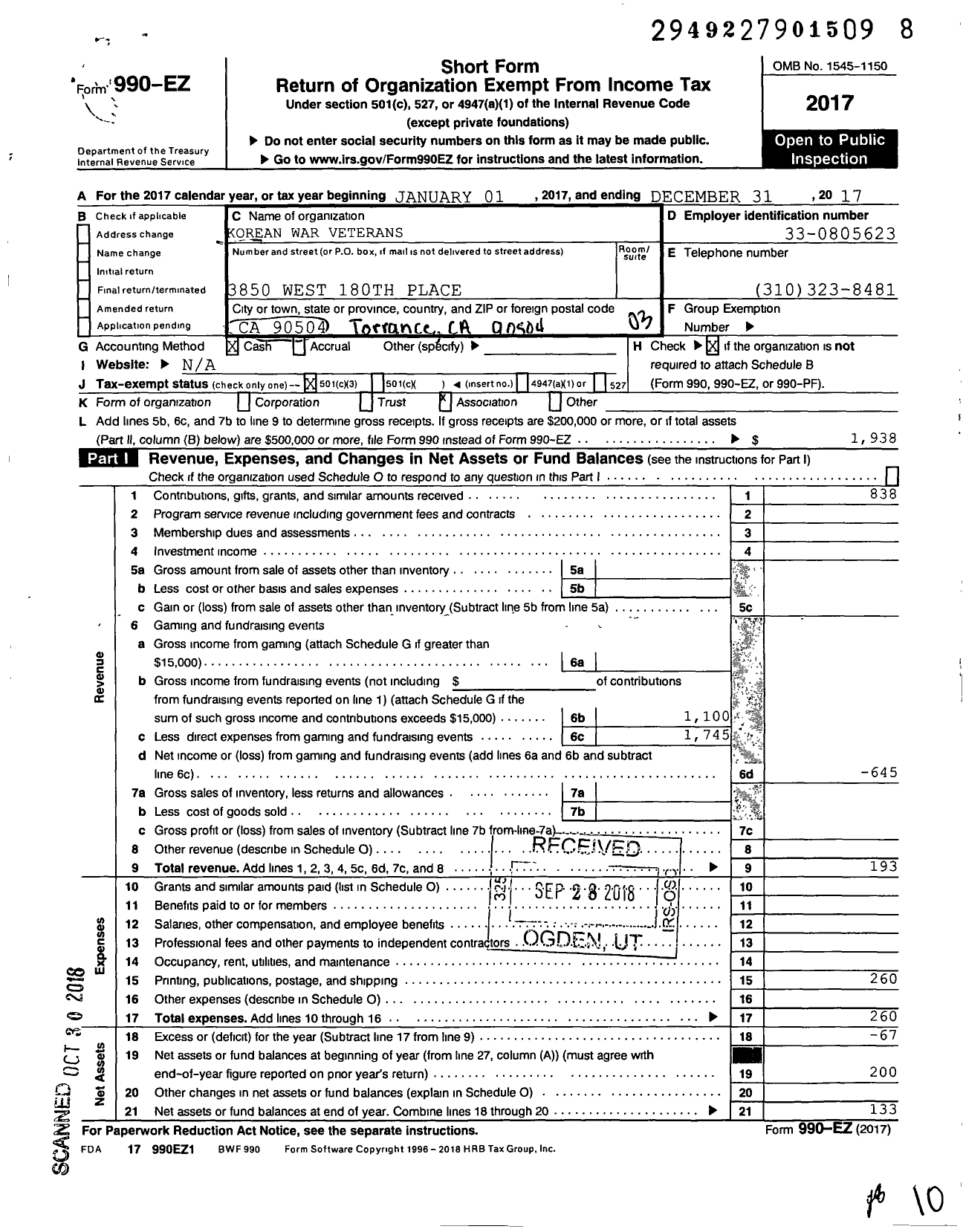 Image of first page of 2017 Form 990EZ for Korean War Veterans Chapter 56