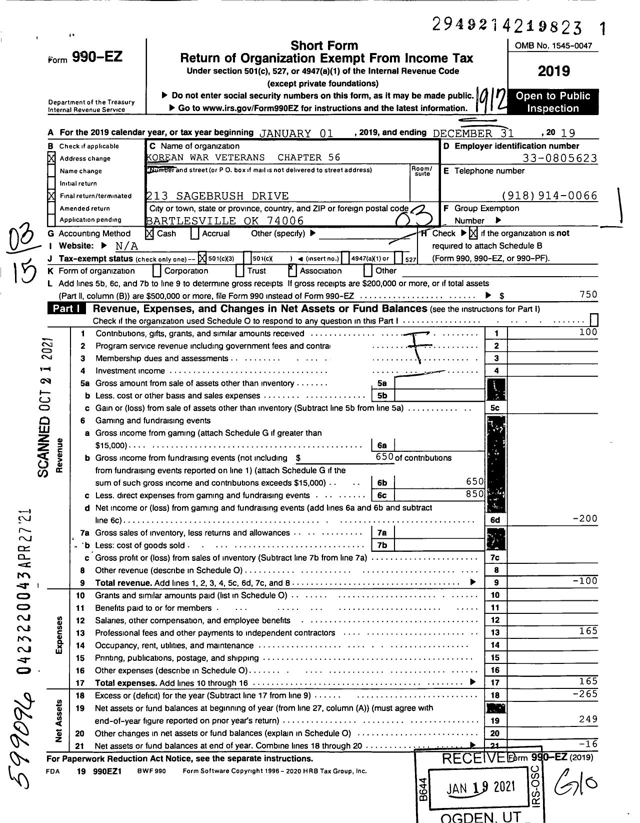 Image of first page of 2019 Form 990EZ for Korean War Veterans Chapter 56