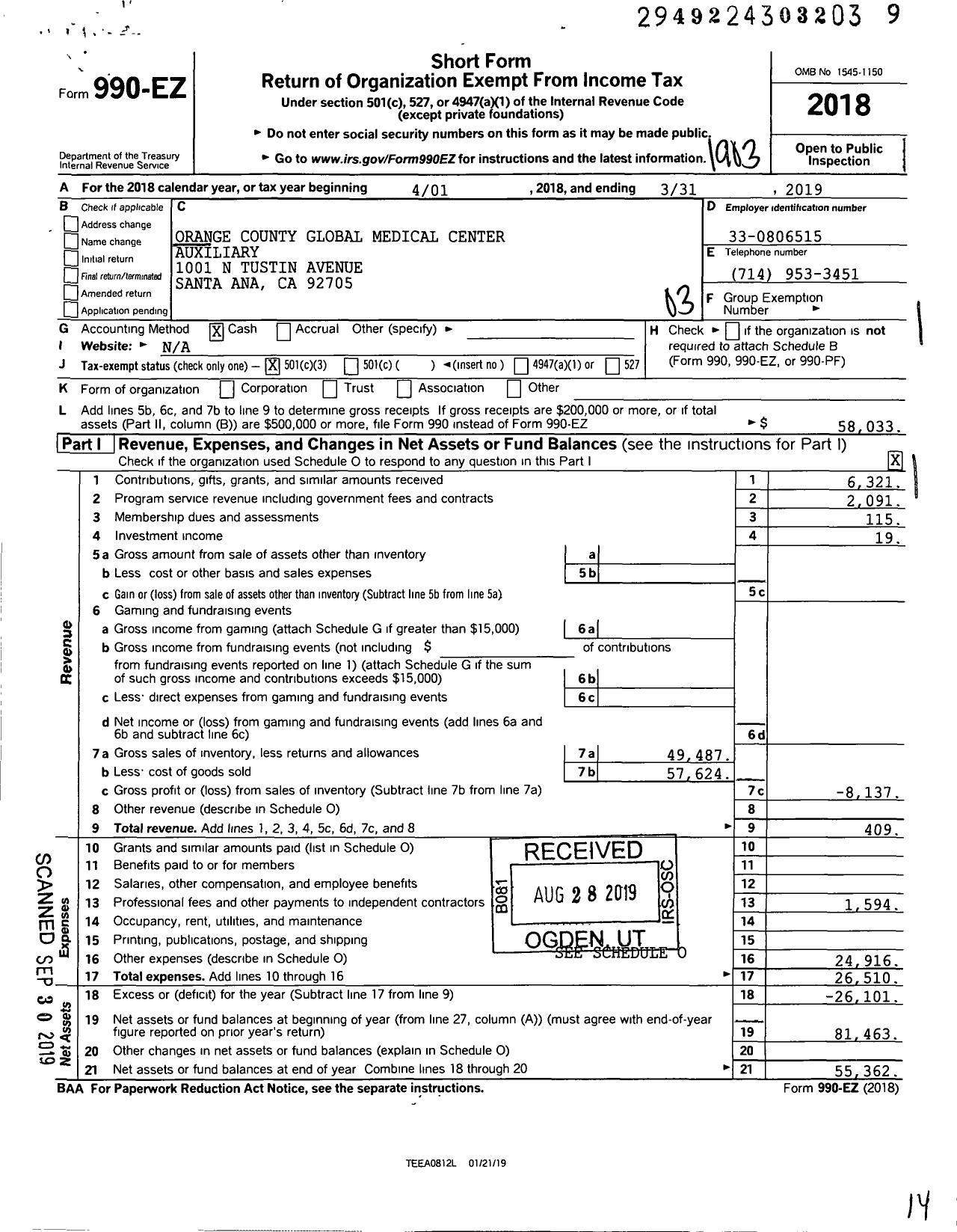 Image of first page of 2018 Form 990EZ for Orange County Global Medical Center Auxiliary