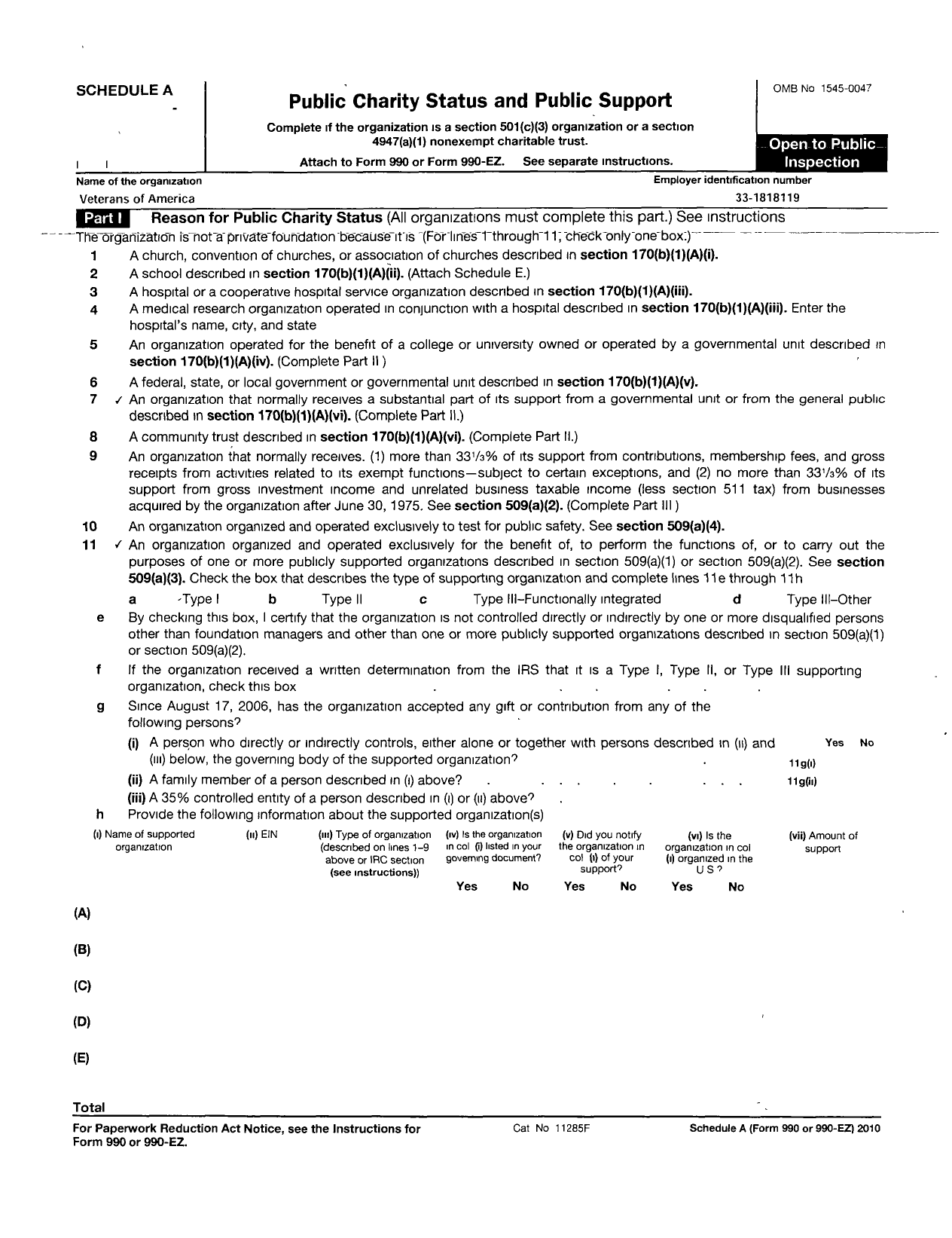 Image of first page of 2009 Form 990ER for Veterans of America