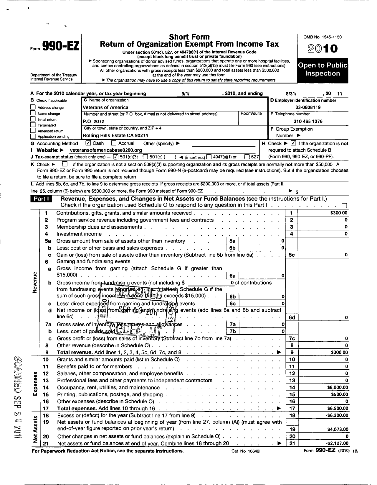 Image of first page of 2010 Form 990EZ for Veterans of America