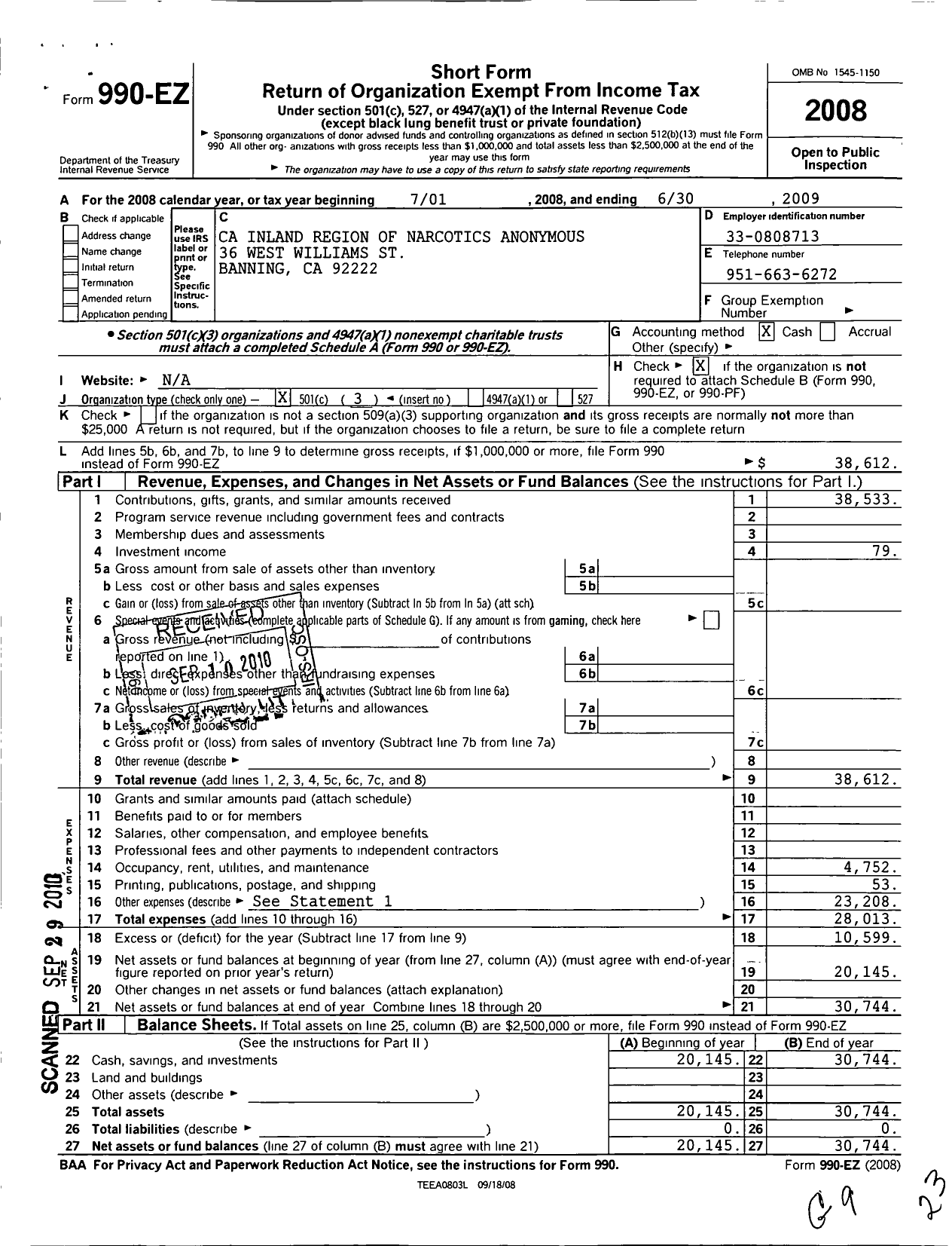 Image of first page of 2008 Form 990EZ for California Inland Region of Narcotics Anonymous