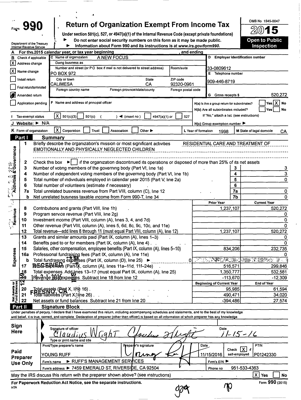 Image of first page of 2015 Form 990 for A New Focus