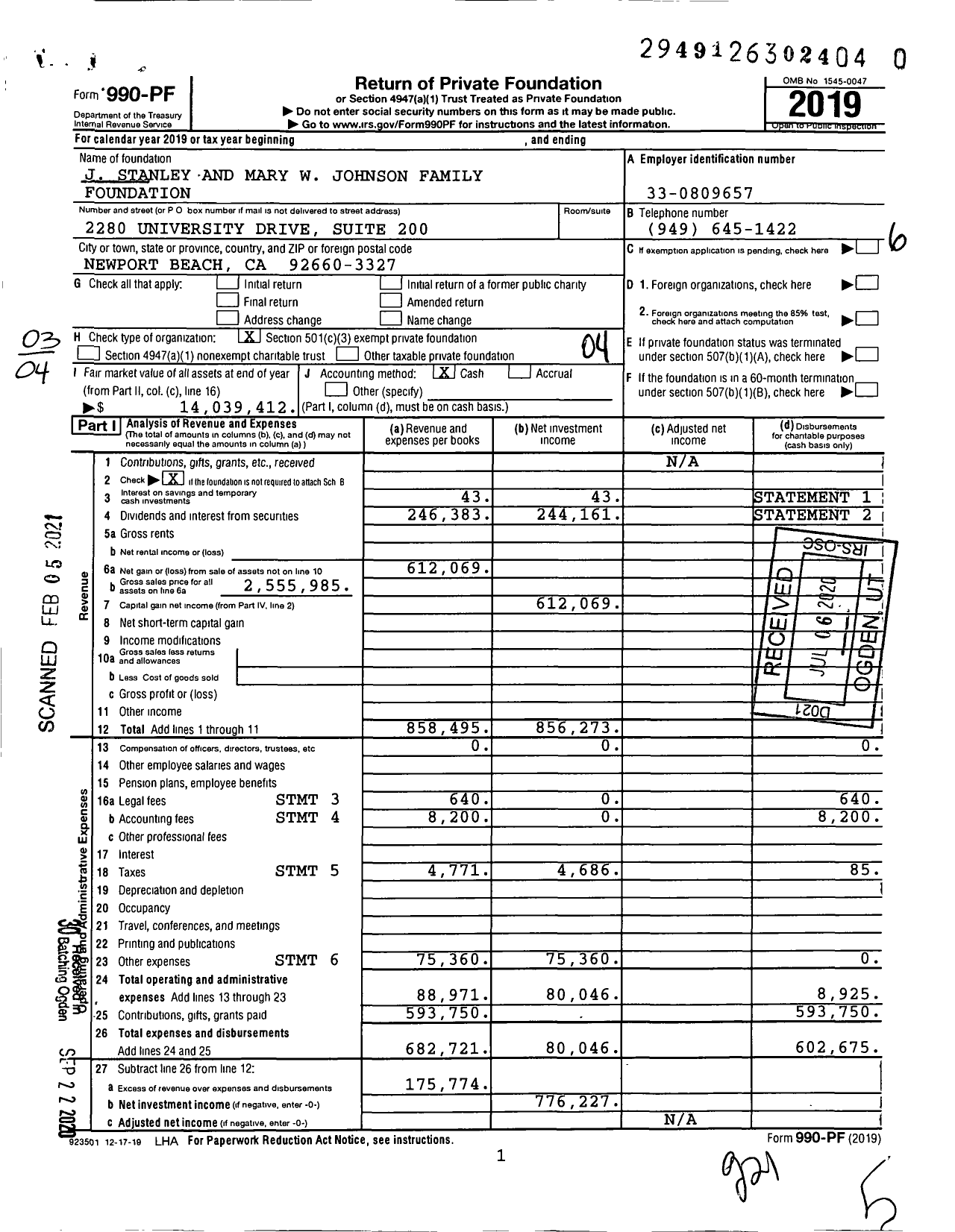 Image of first page of 2019 Form 990PF for J Stanley and Mary W Johnson Family Foundation