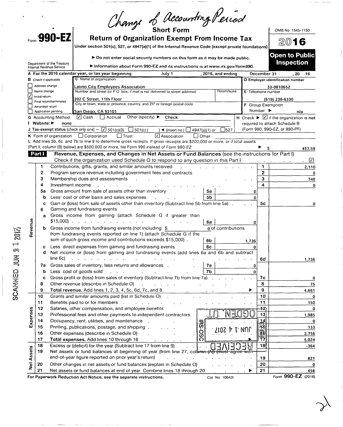 Image of first page of 2016 Form 990EZ for Latino City Employees Association