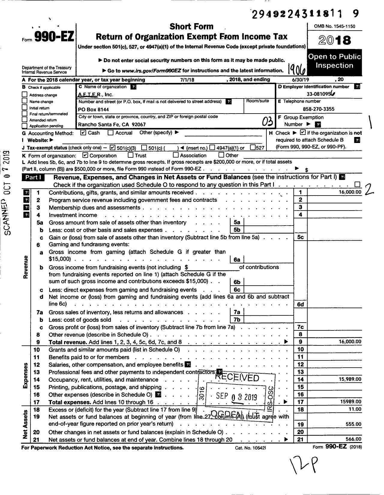 Image of first page of 2018 Form 990EZ for A F T E R (After)