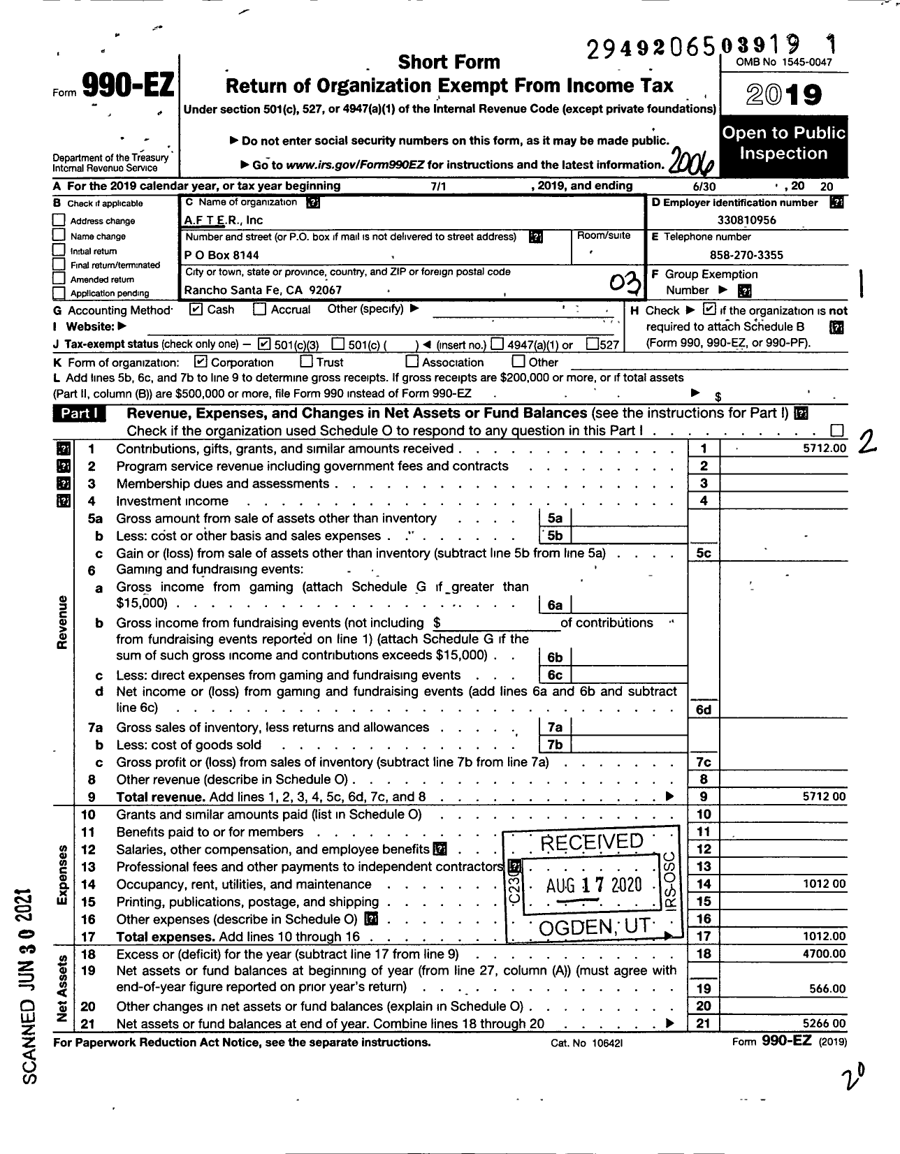 Image of first page of 2019 Form 990EZ for A F T E R (After)