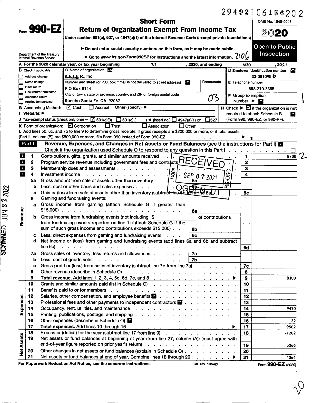 Image of first page of 2020 Form 990EZ for A F T E R (After)