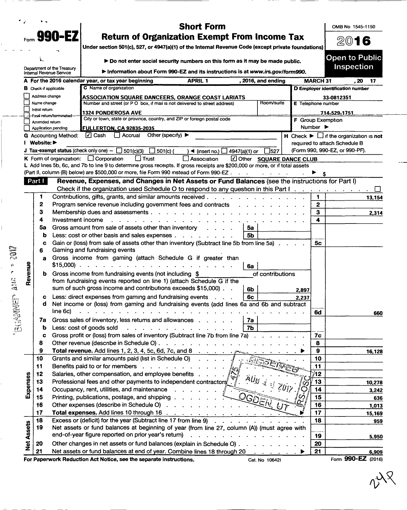 Image of first page of 2016 Form 990EO for Associated Square Dancers / Orange Coast Lariats