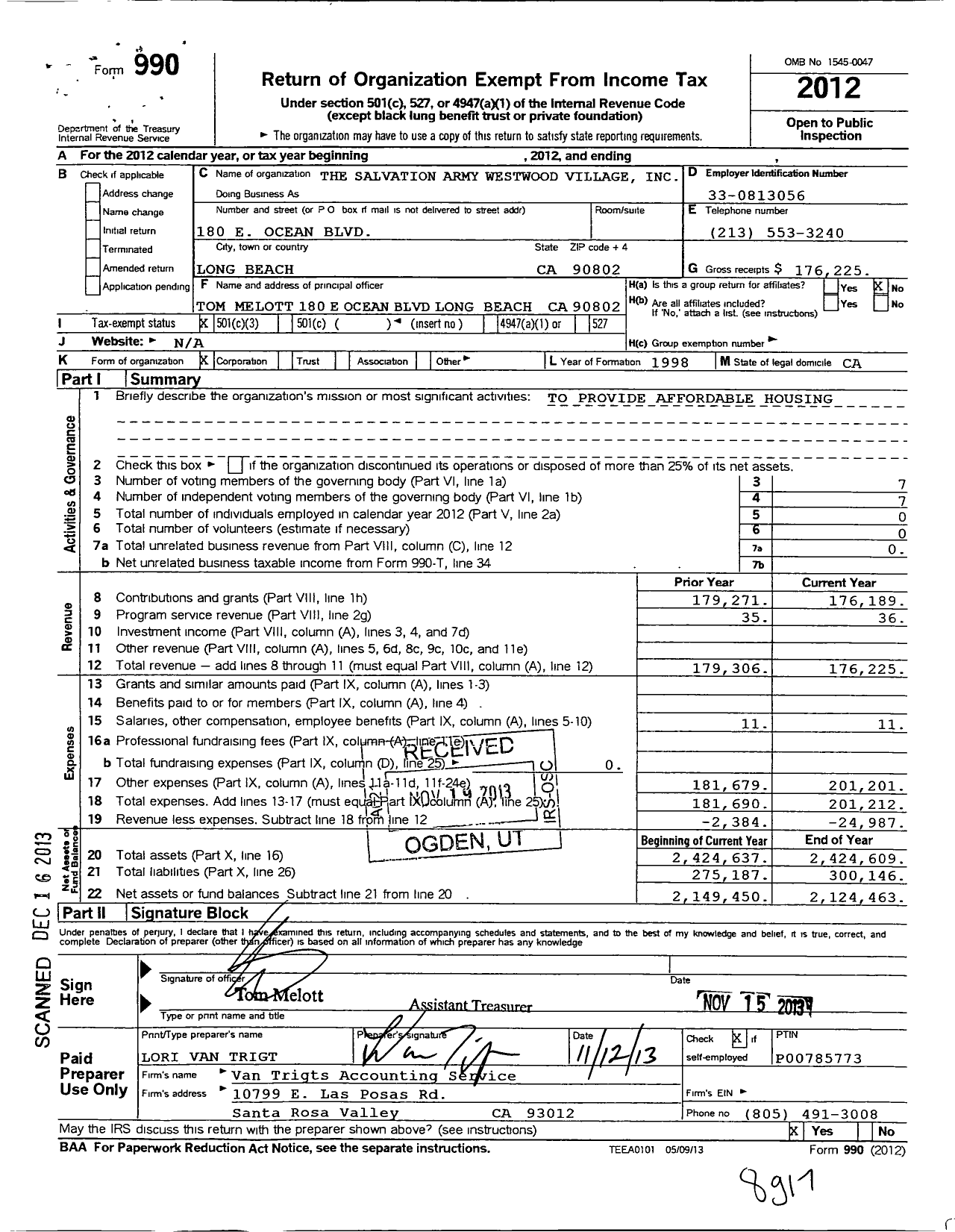 Image of first page of 2012 Form 990 for Salvation Army Westwood Village