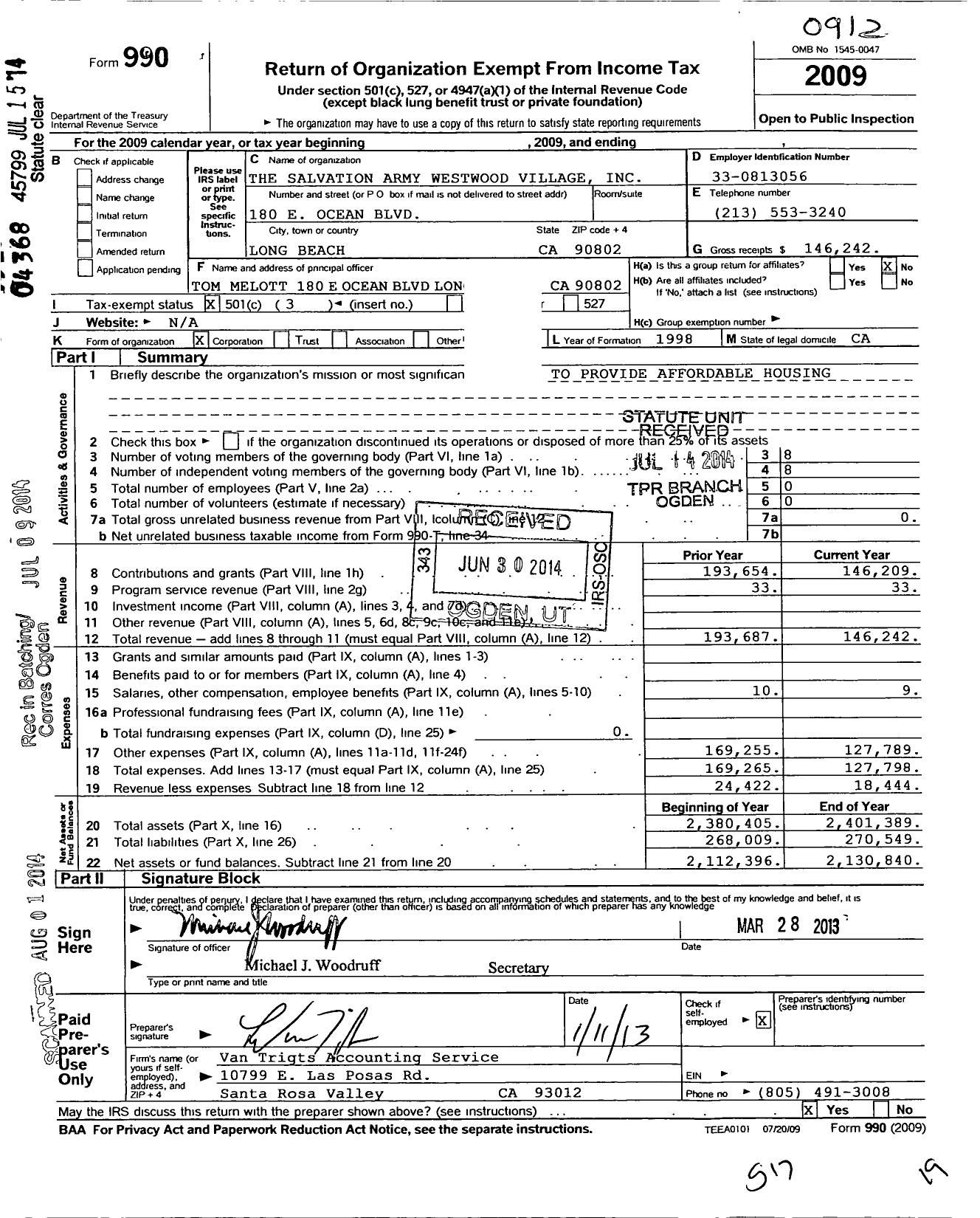 Image of first page of 2009 Form 990 for Salvation Army Westwood Village