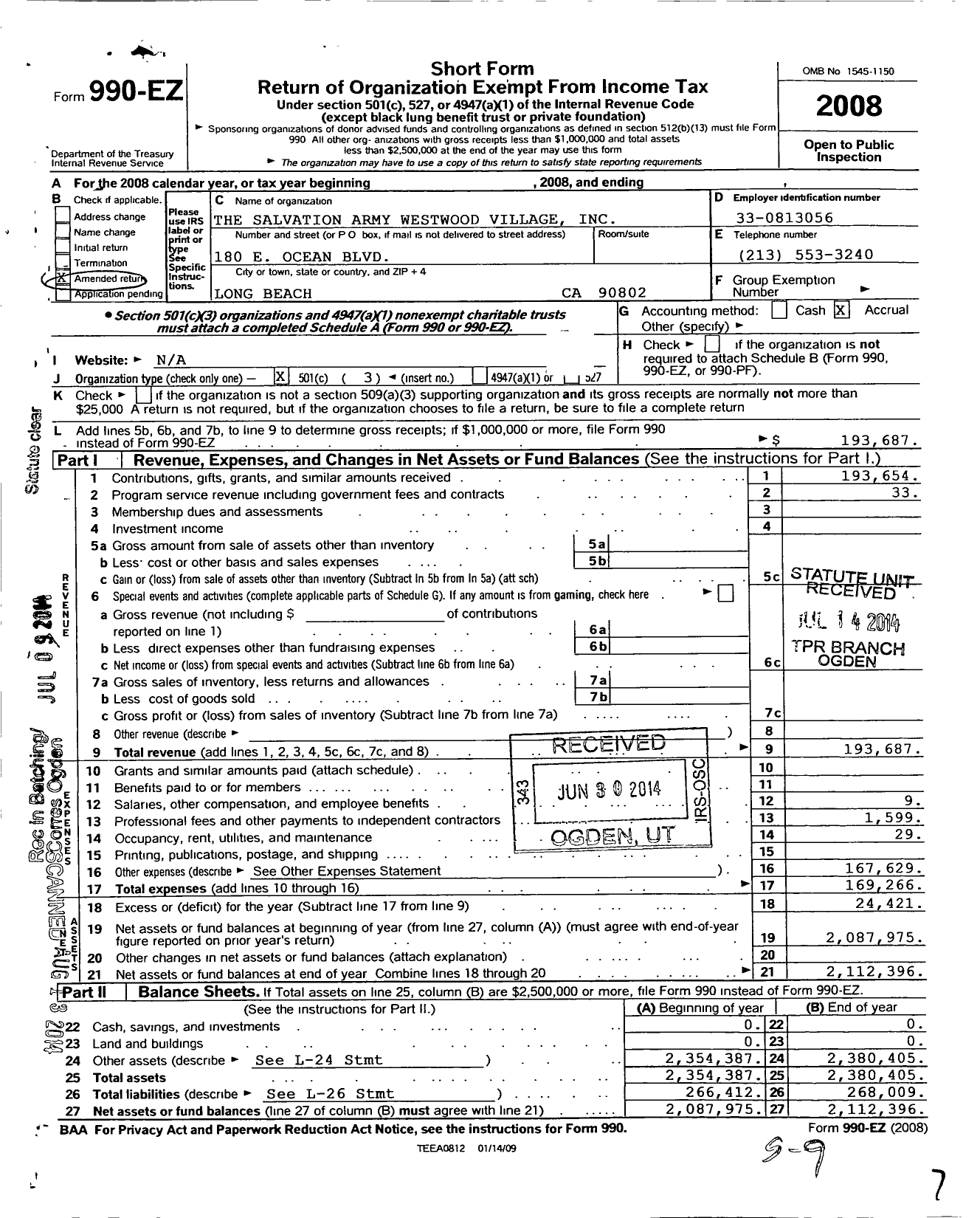 Image of first page of 2008 Form 990EZ for Salvation Army Westwood Village