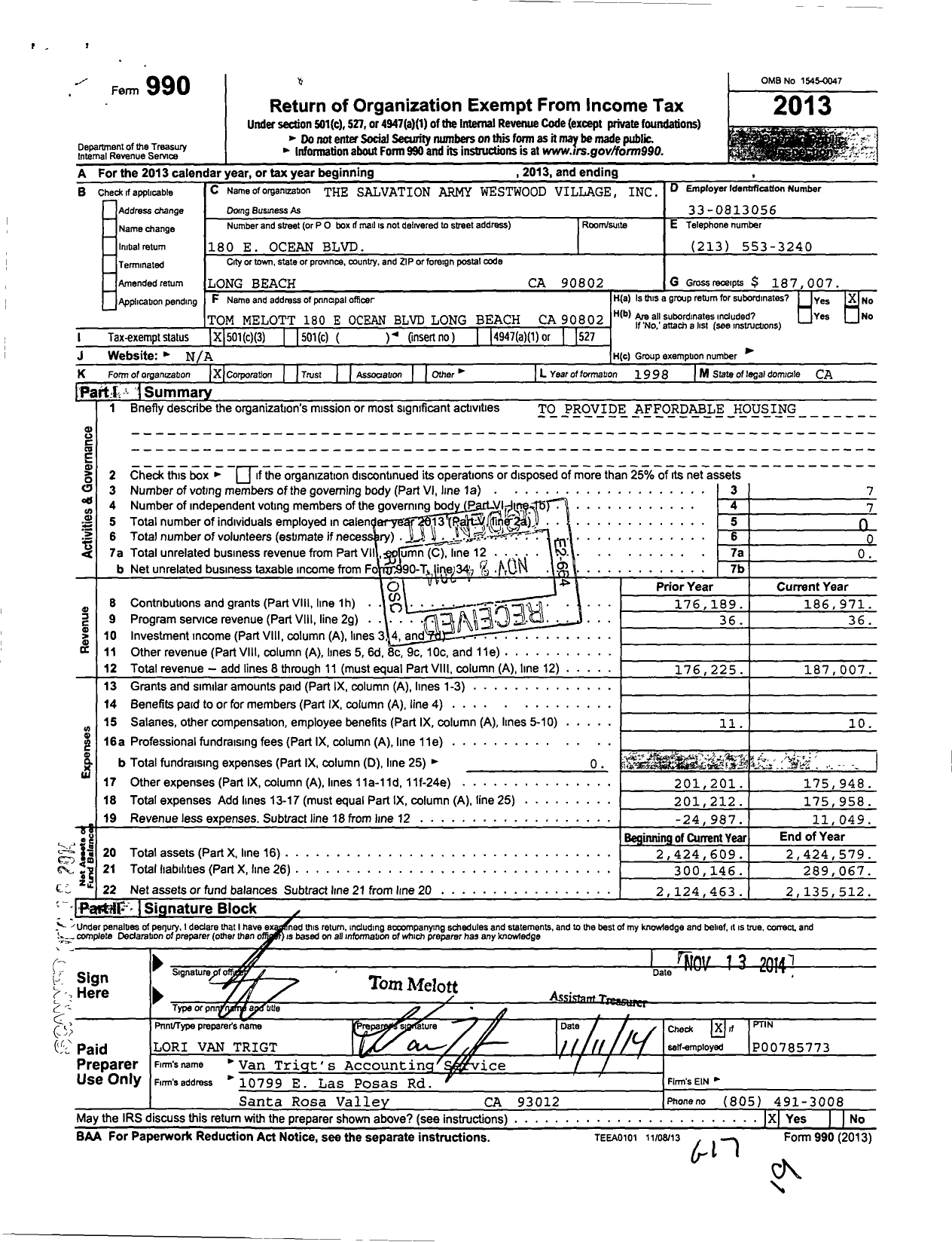 Image of first page of 2013 Form 990 for Salvation Army Westwood Village