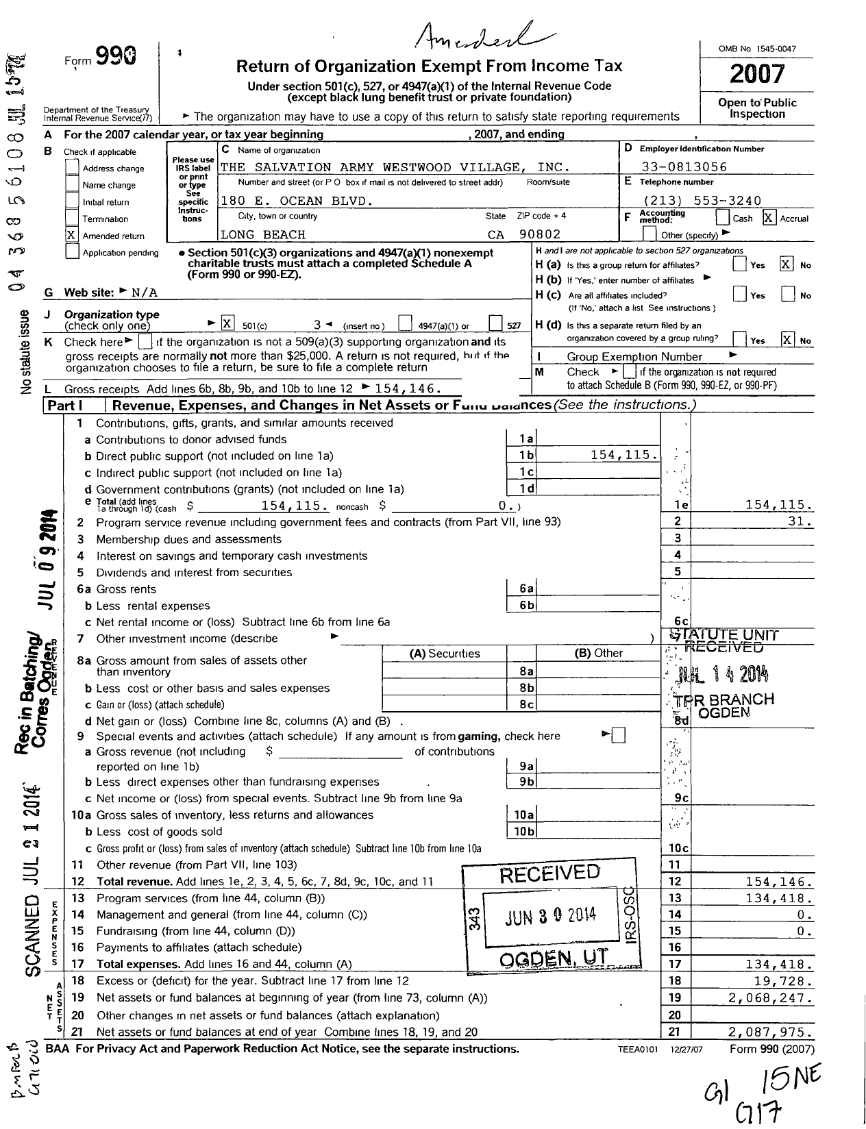 Image of first page of 2007 Form 990 for Salvation Army Westwood Village