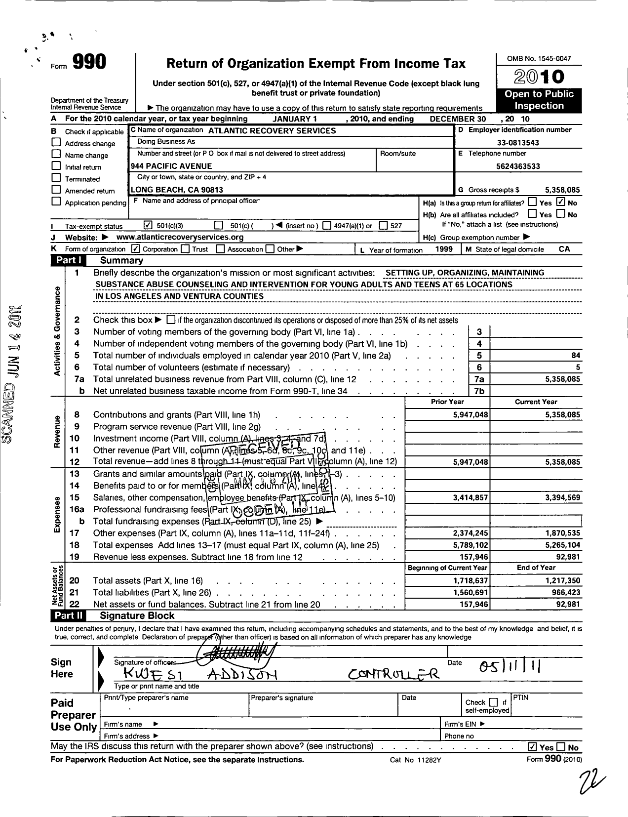 Image of first page of 2010 Form 990 for Atlantic Recovery Services