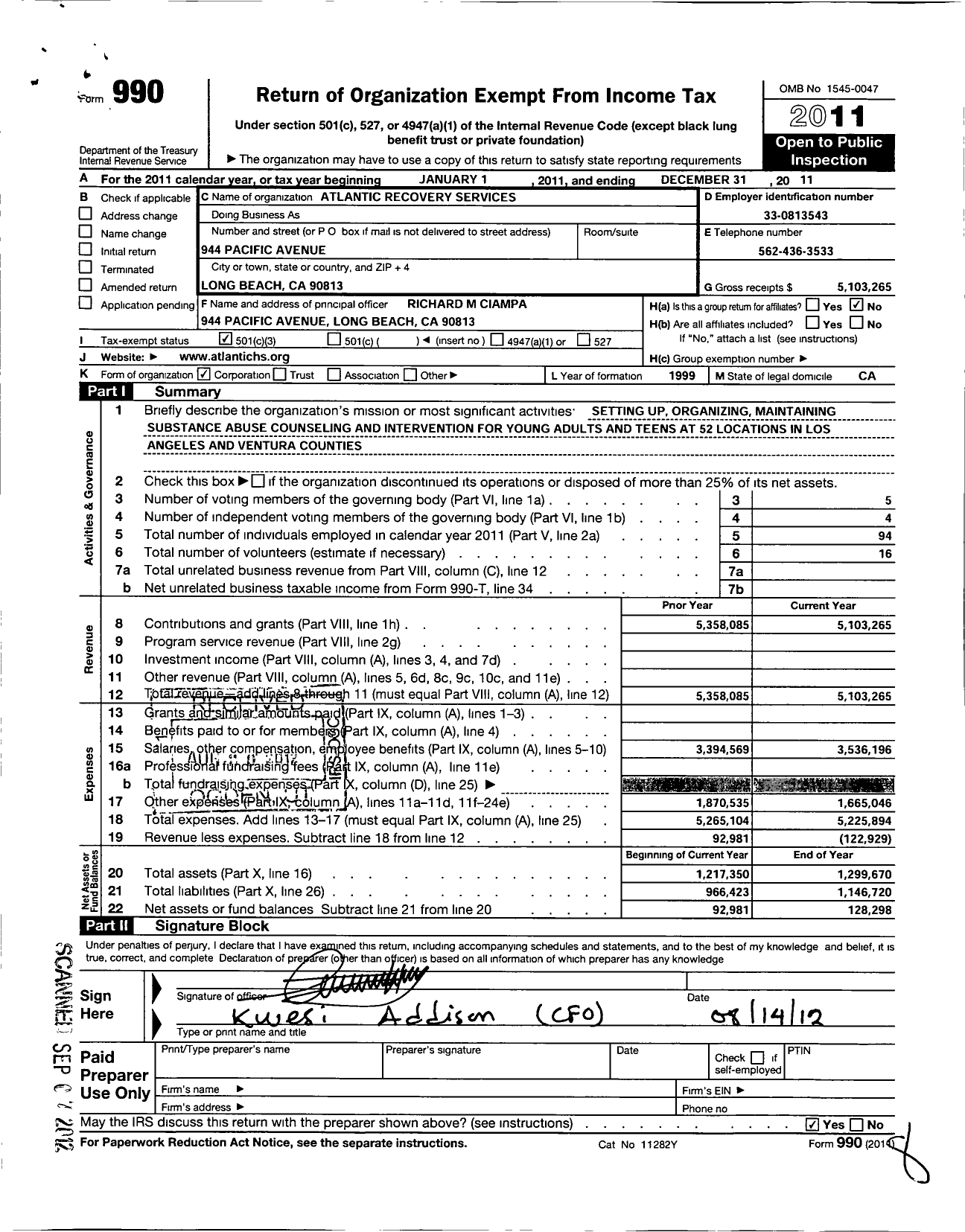 Image of first page of 2011 Form 990 for Atlantic Recovery Services