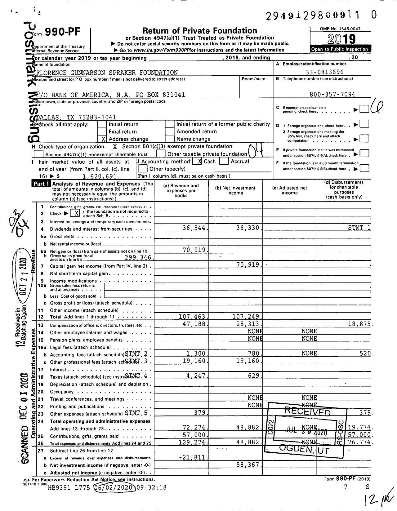 Image of first page of 2019 Form 990PF for Florence Gunnarson Spraker Foundation