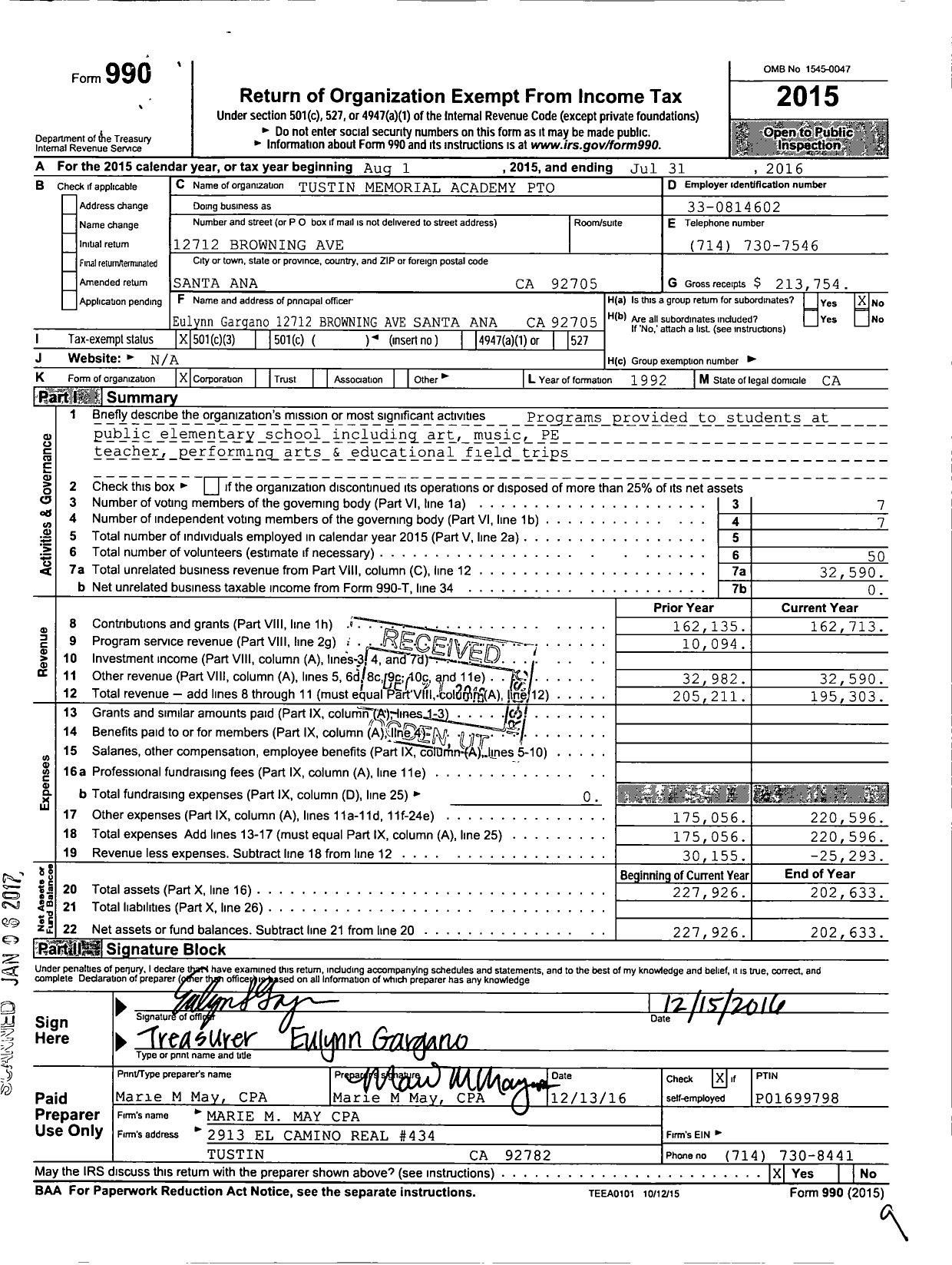 Image of first page of 2015 Form 990 for Tustin Memorial Academy Parent Teacher Organization