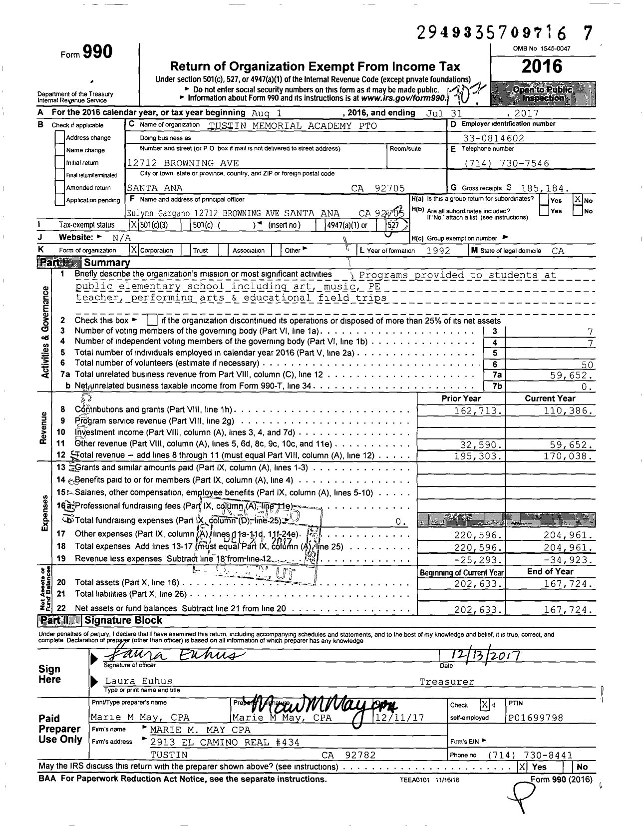 Image of first page of 2016 Form 990 for Tustin Memorial Academy Parent Teacher Organization