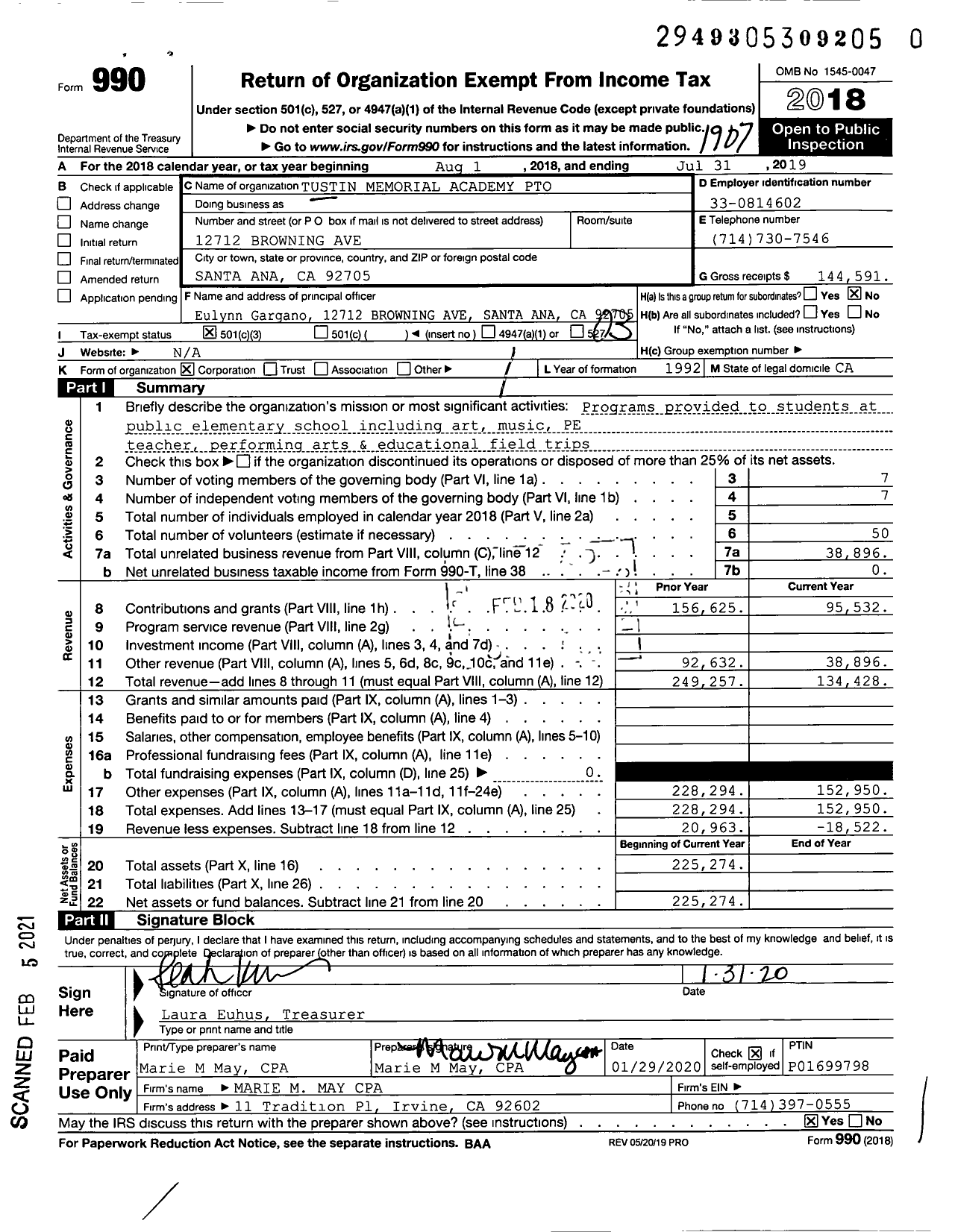 Image of first page of 2018 Form 990 for Tustin Memorial Academy Parent Teacher Organization