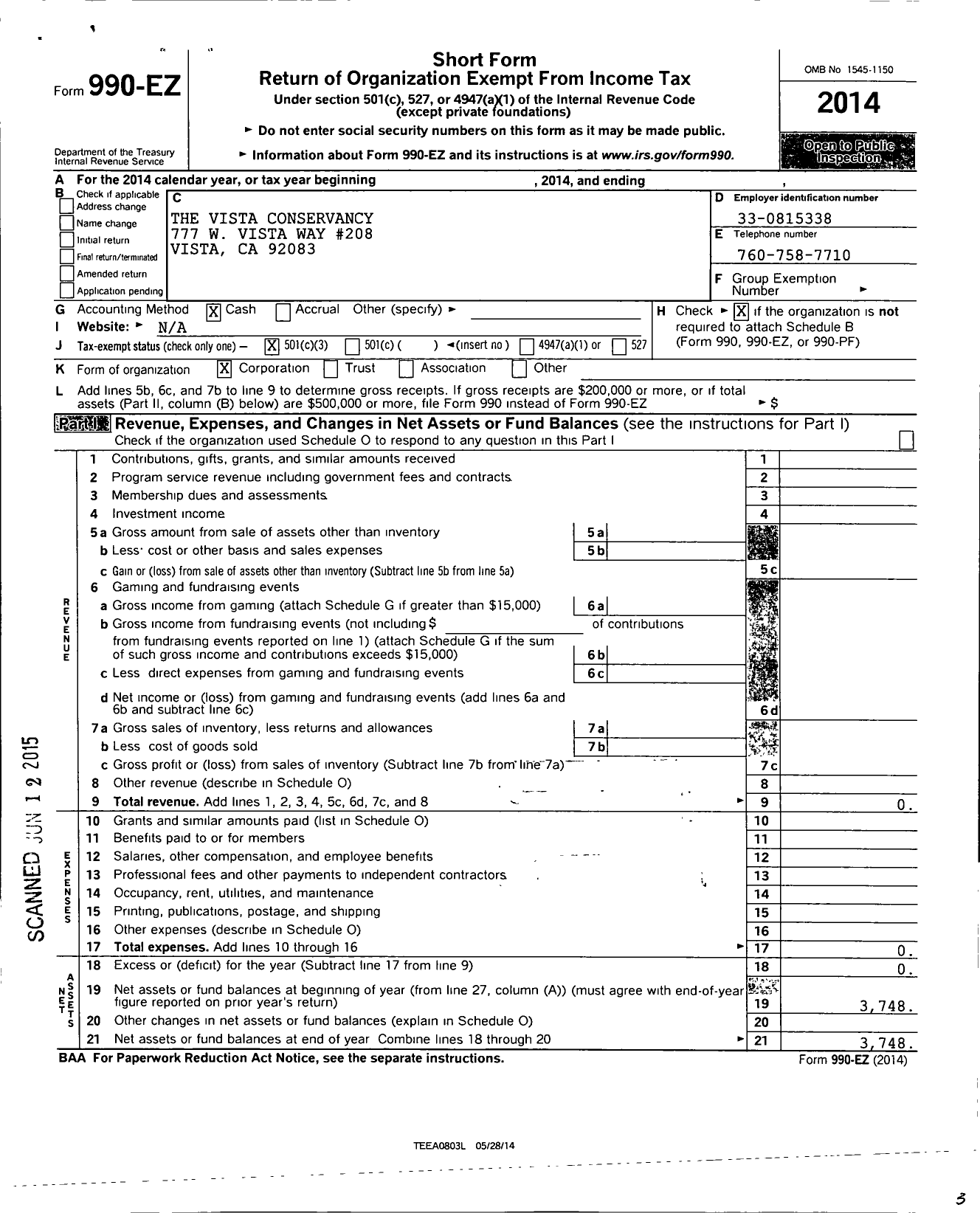 Image of first page of 2014 Form 990EZ for Vista Conservancy