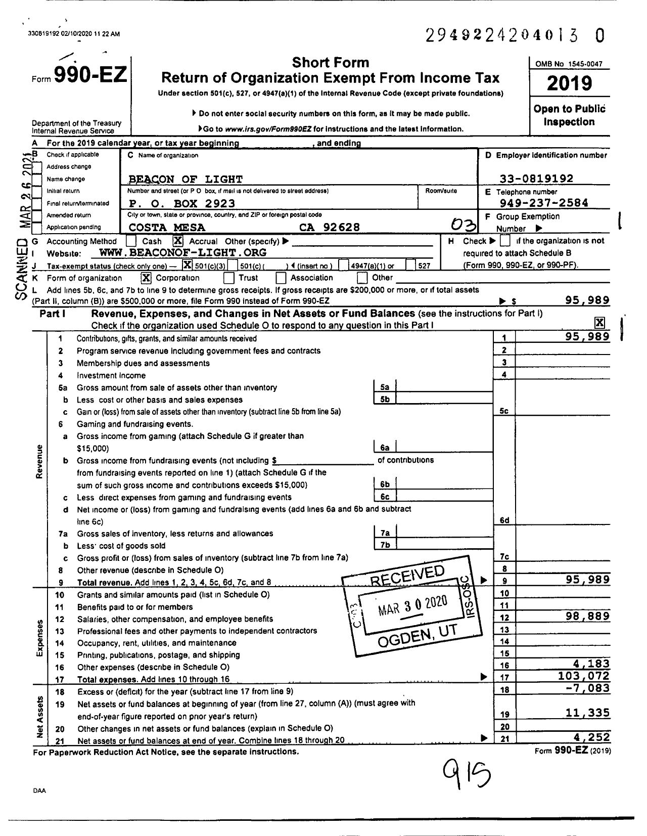 Image of first page of 2019 Form 990EZ for Beacon of Light