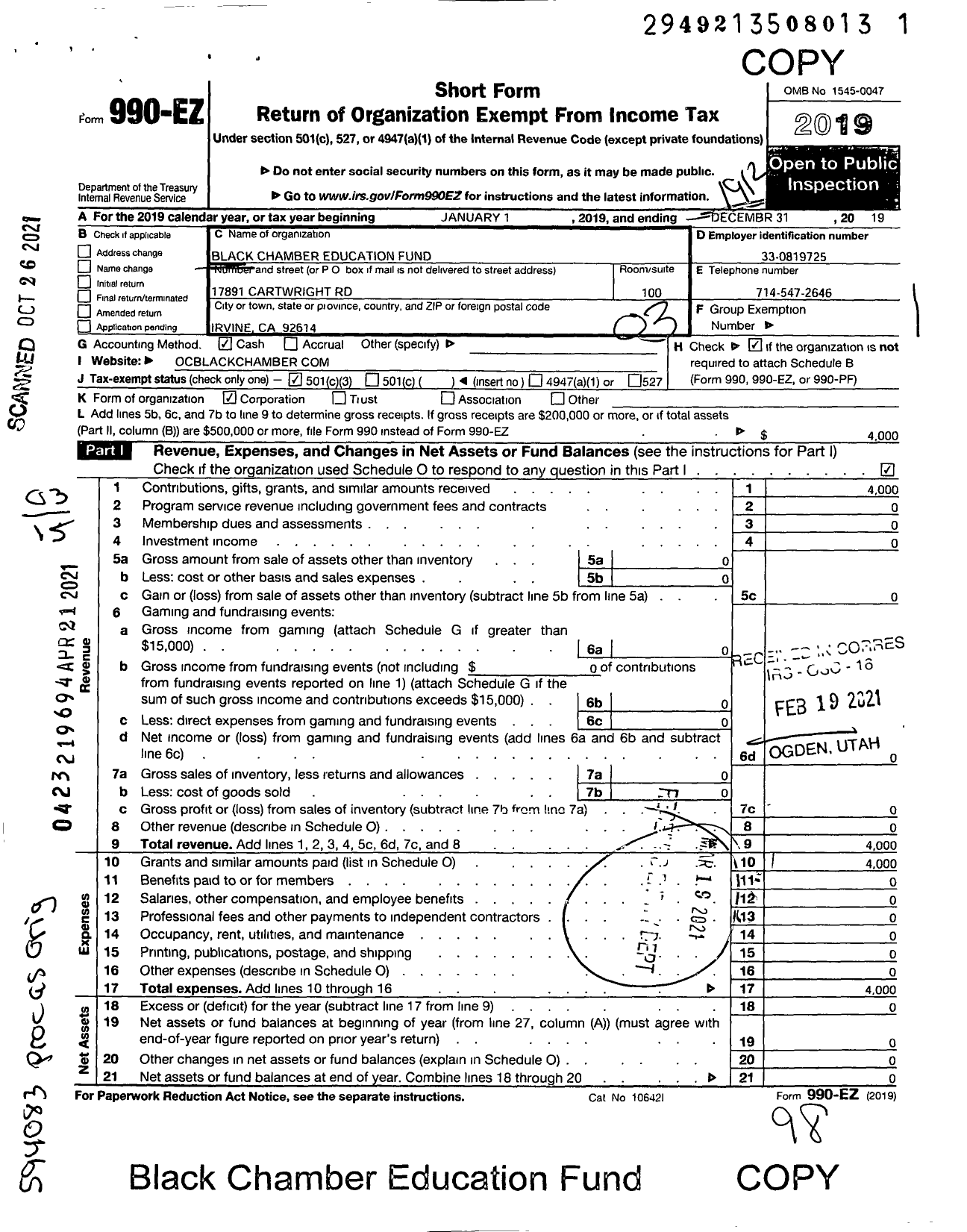 Image of first page of 2019 Form 990EZ for Black Chamber Education Fund