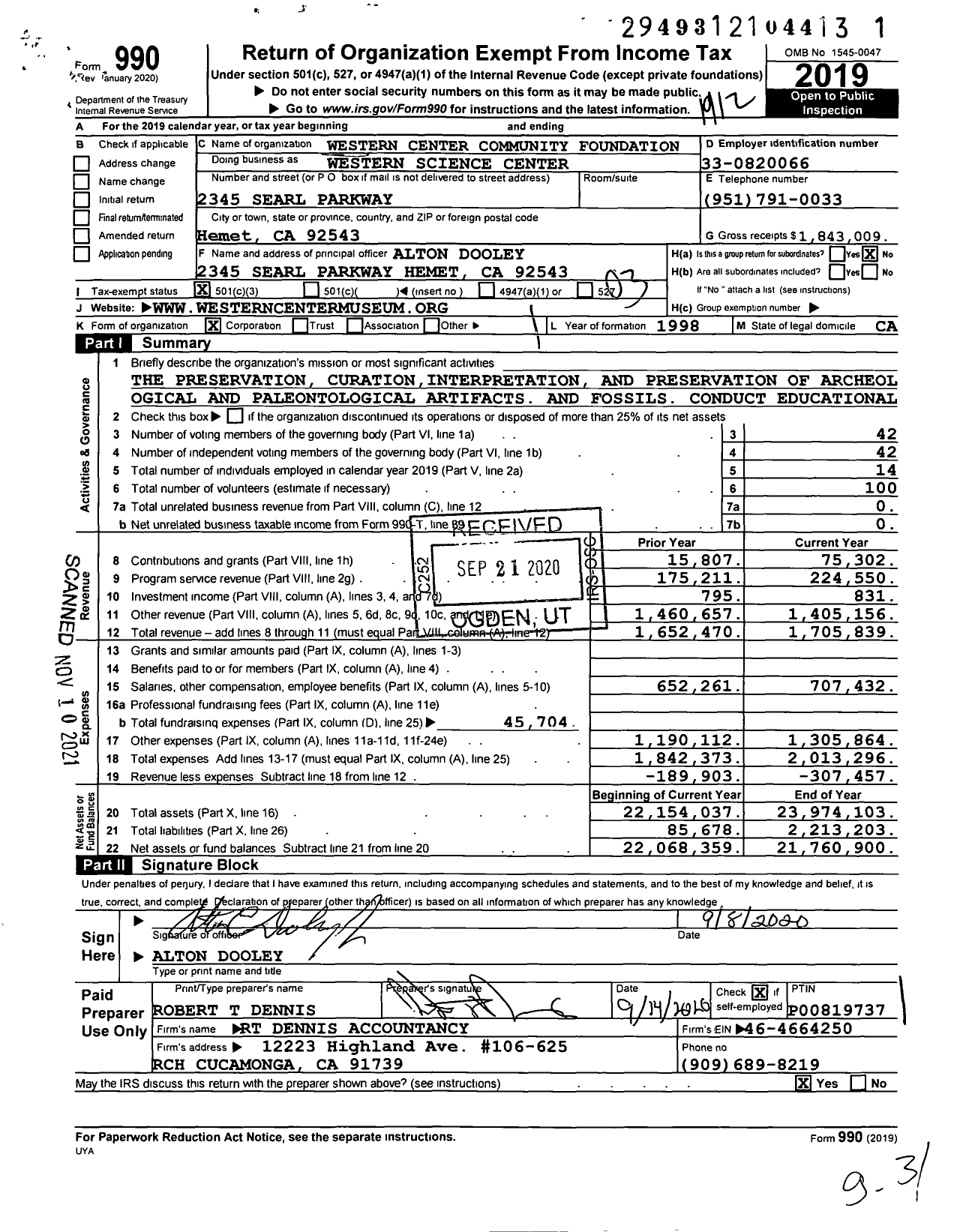 Image of first page of 2019 Form 990 for WESTERN Science CENTER (WSC)