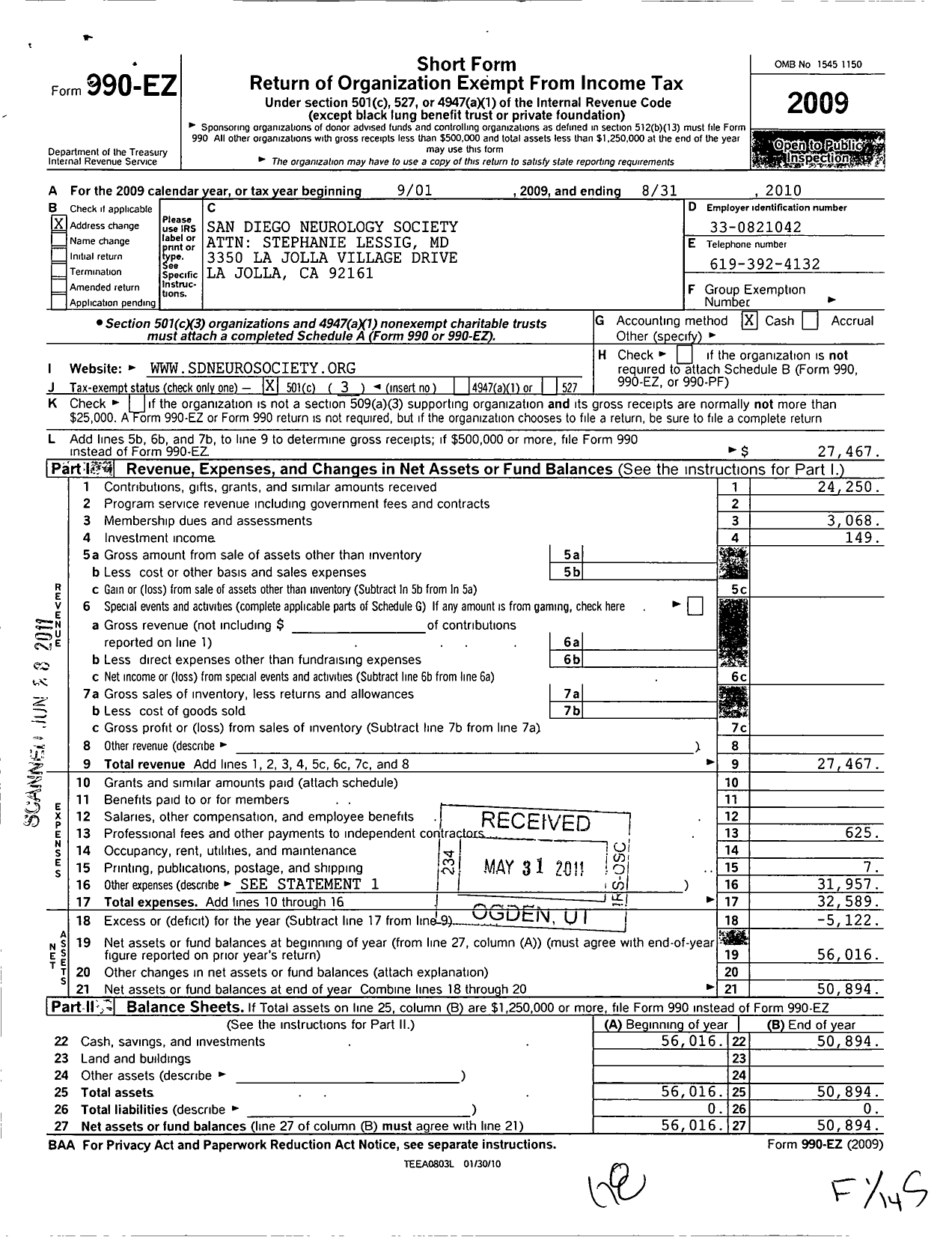 Image of first page of 2009 Form 990EZ for San Diego Neurosciences Society