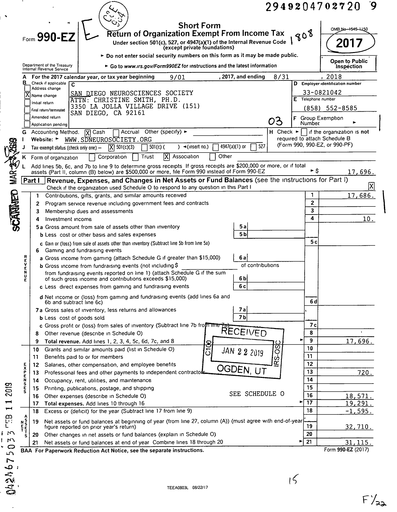 Image of first page of 2017 Form 990EZ for San Diego Neurosciences Society