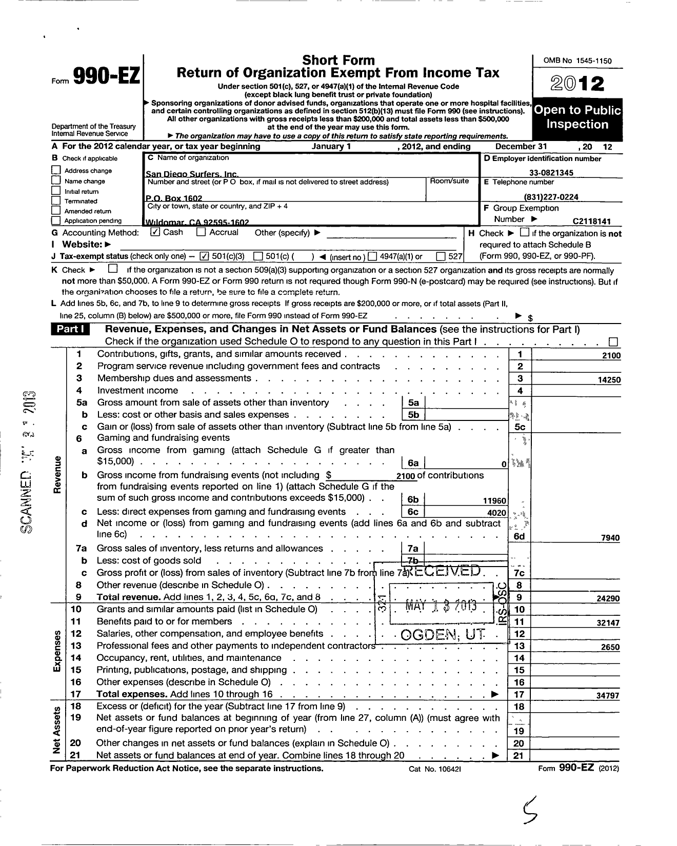 Image of first page of 2012 Form 990EZ for San Diego Surfers