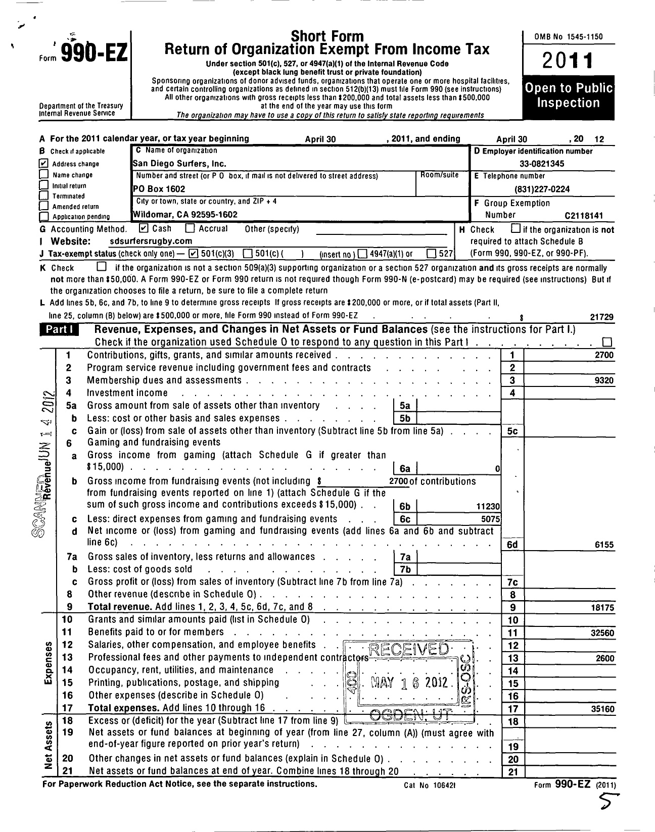 Image of first page of 2011 Form 990EZ for San Diego Surfers