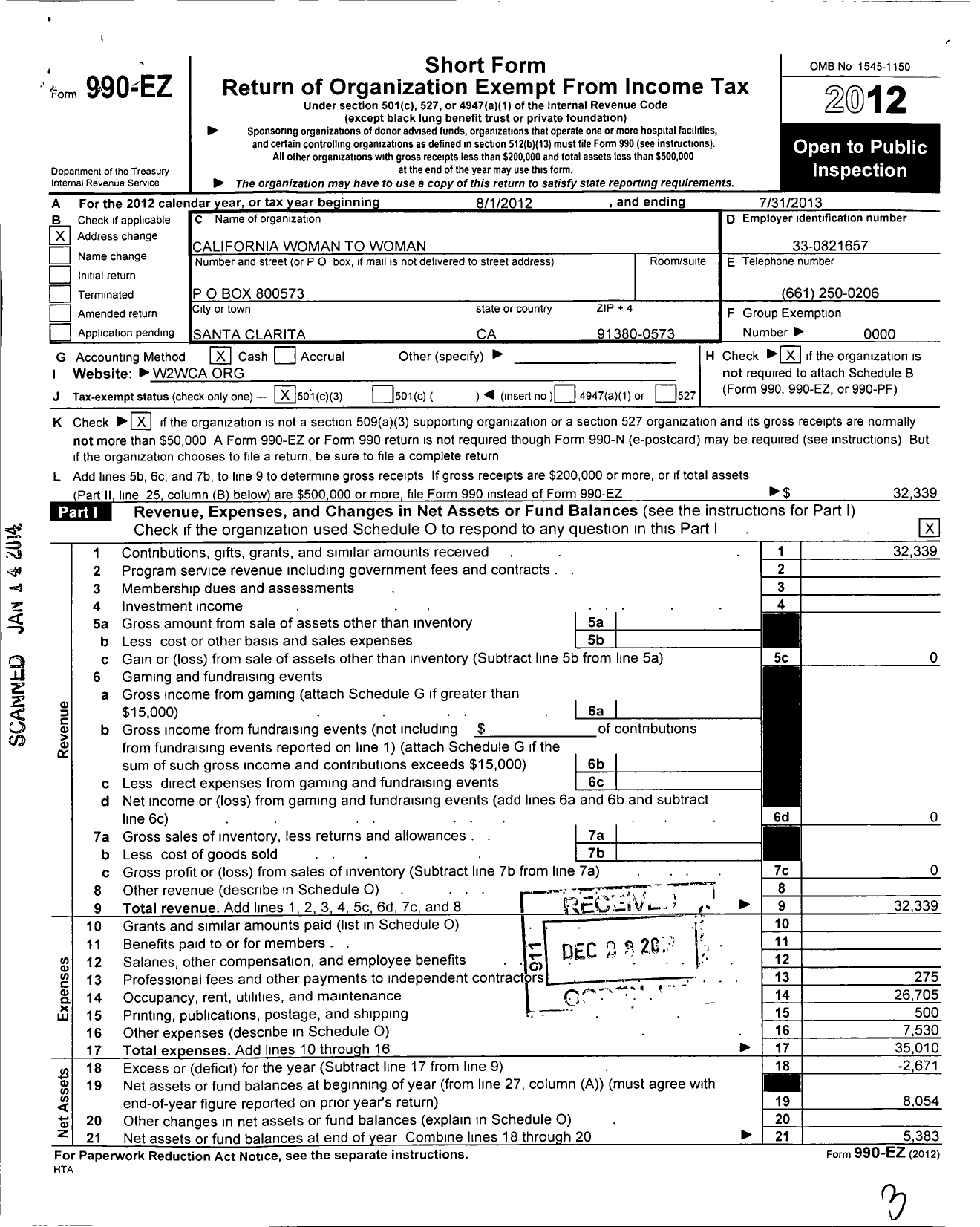 Image of first page of 2012 Form 990EZ for California Women To Women