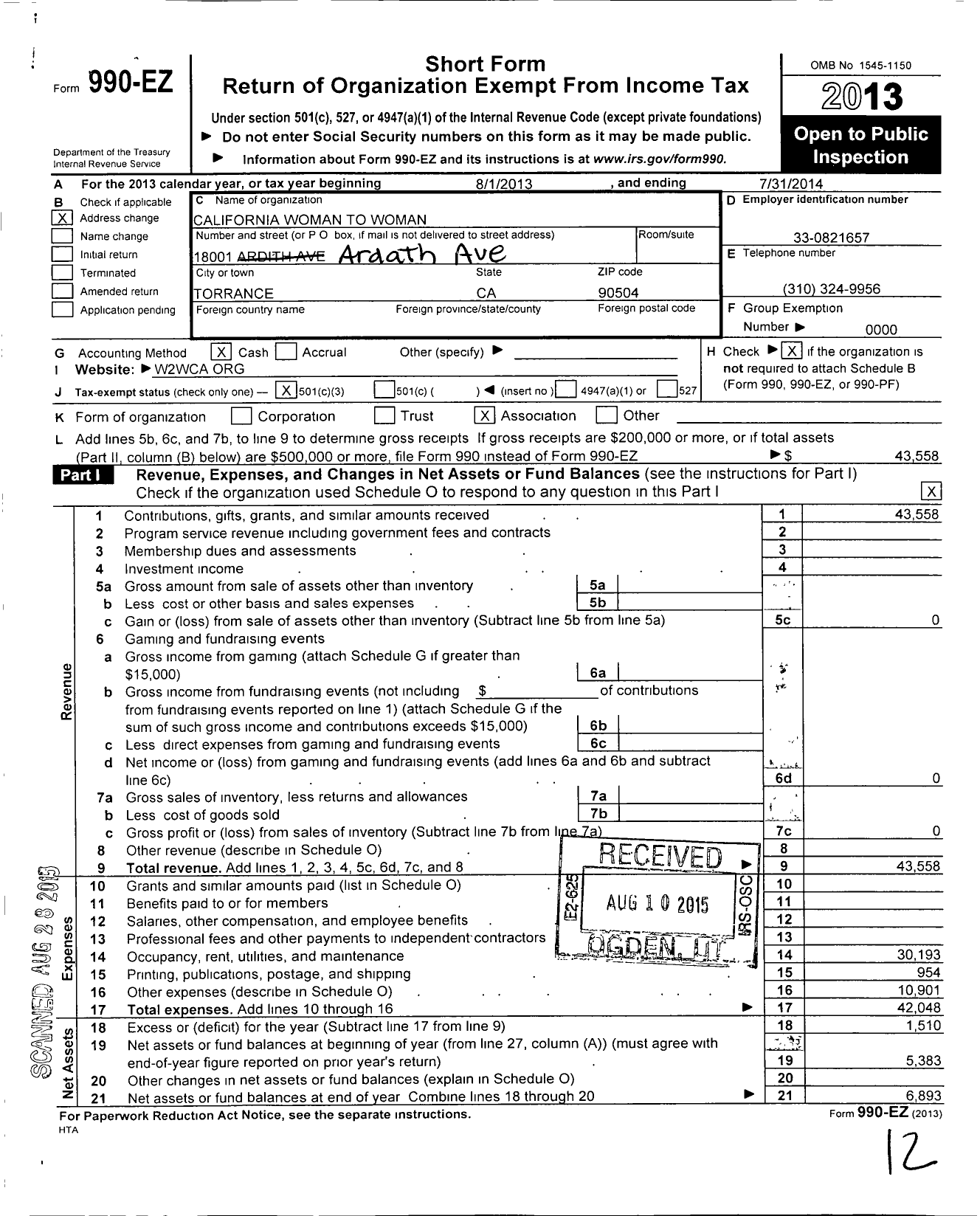 Image of first page of 2013 Form 990EZ for California Women To Women