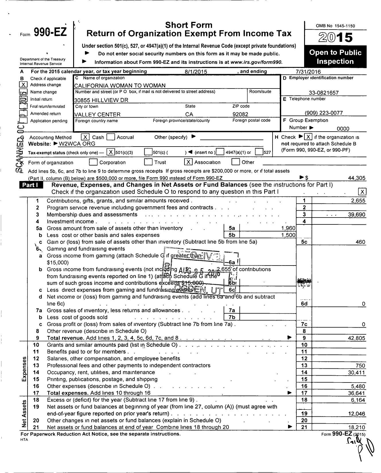 Image of first page of 2015 Form 990EZ for California Women To Women