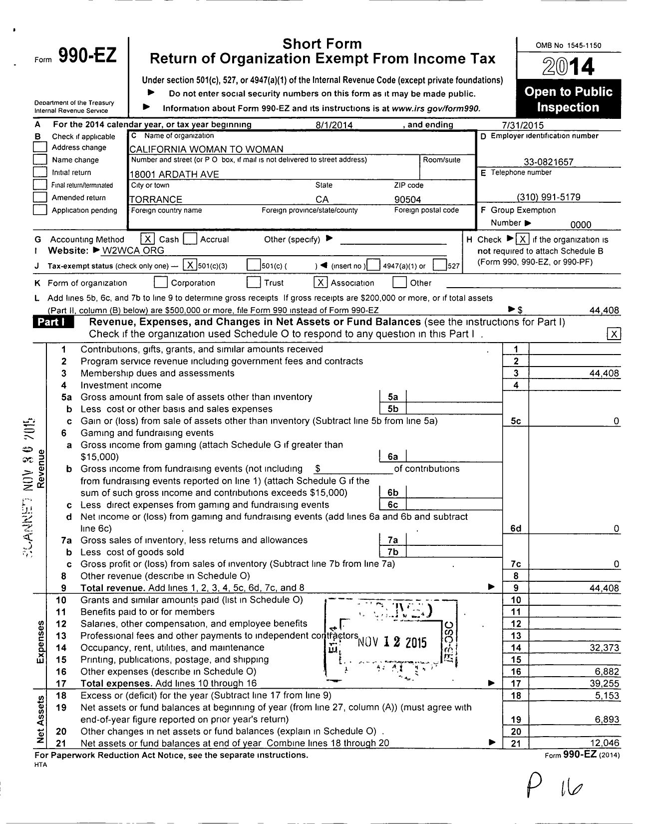 Image of first page of 2014 Form 990EZ for California Women To Women