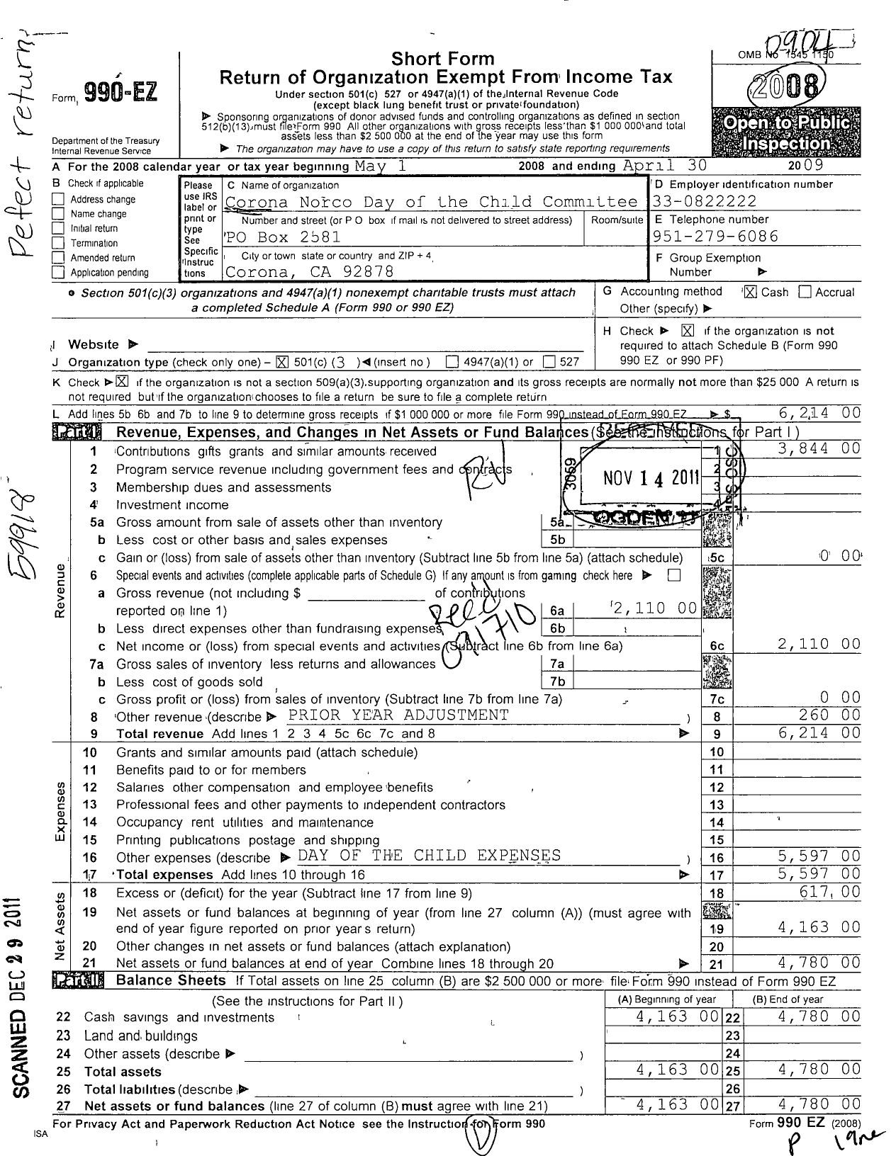 Image of first page of 2008 Form 990EZ for Corona Norco Day of the Child Committee